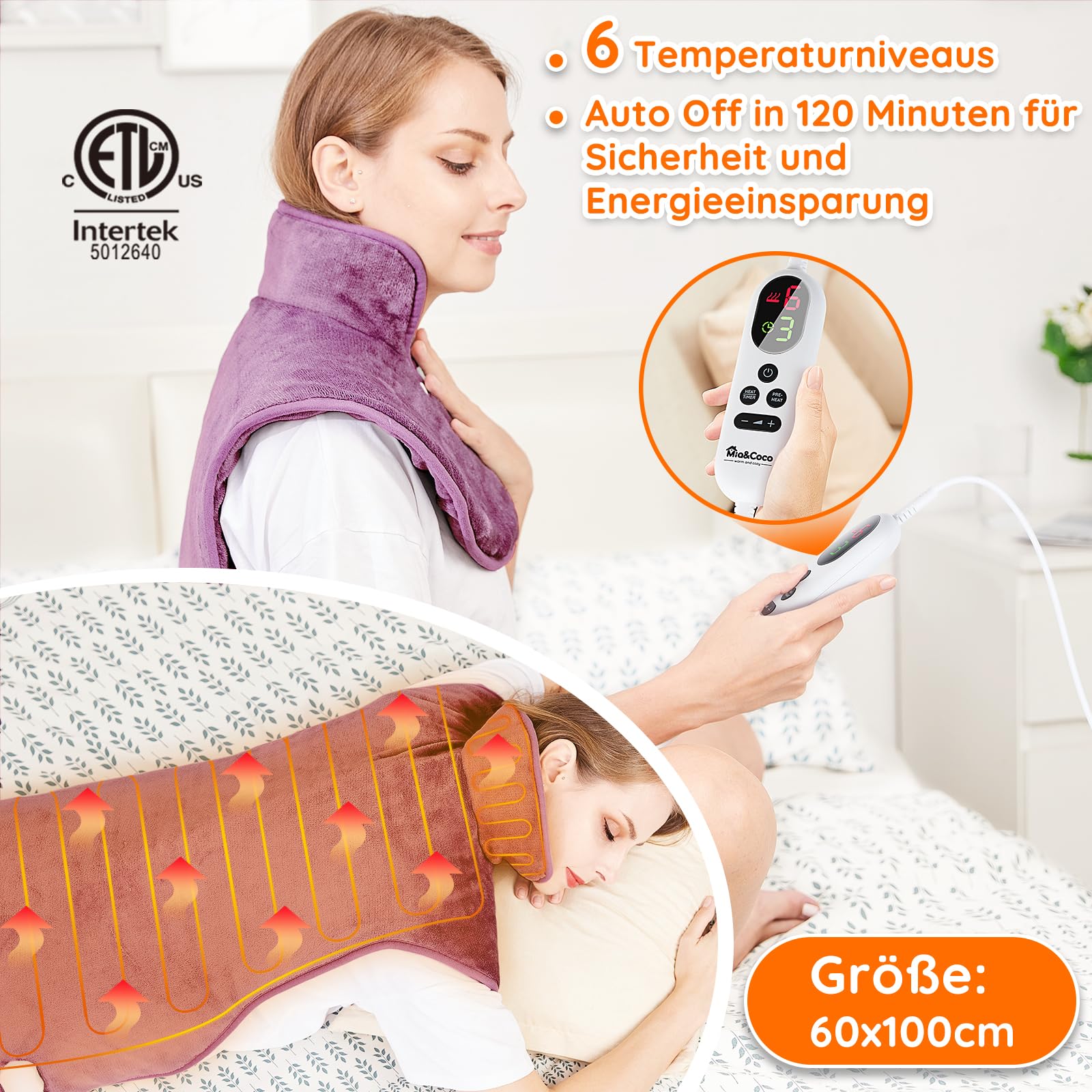 Heizkissen für Rücken, Schulter, Hals, 60 x 100 cm, Wärmekissen mit automatischer Abschaltung, Schnellerwärmung, mit Taillette, Rückenwärmer, elektrische Decke, 6 Wärmeeinstellungen, Auto-Off-Timer, Flanell