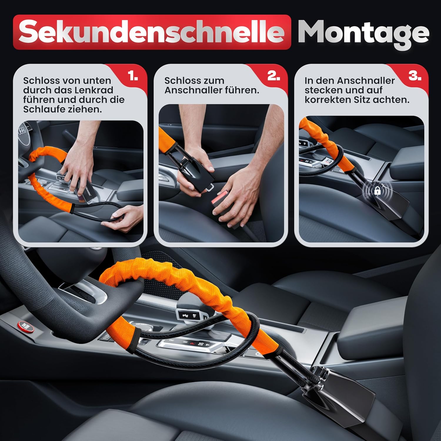 Lenkradkralle für Auto & Wohnmobil aus Metall - Universelle Passform - Lenkradschloss mit dickem Stahlseil - Wegfahrsperre Diebstahlsicherung mit 3 Sicherheitsschlüsseln