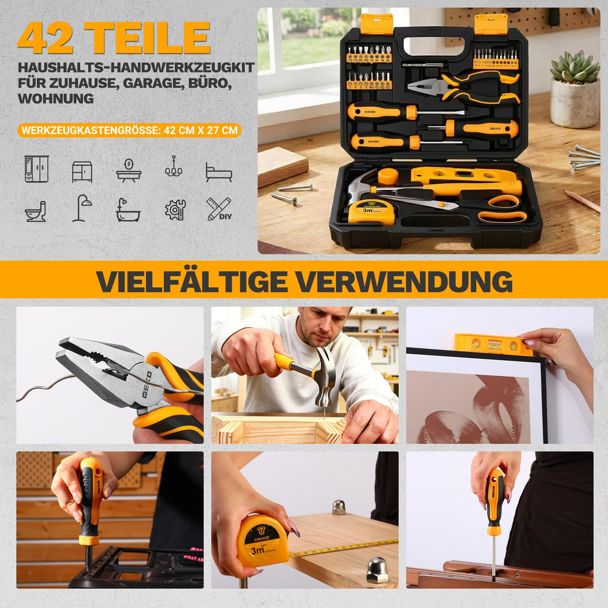 Werkzeugkoffer Werkzeugkasten Werkzeug Koffer Werkzeugset　Werkzeugbox：DEKOPRO　Werkzeugkiste Bestückt　42-tlg.　Universal Komplett mit Werkzeuge Handwerkzeug　－ für Frauen zum Haushalt Werkstatt DIY