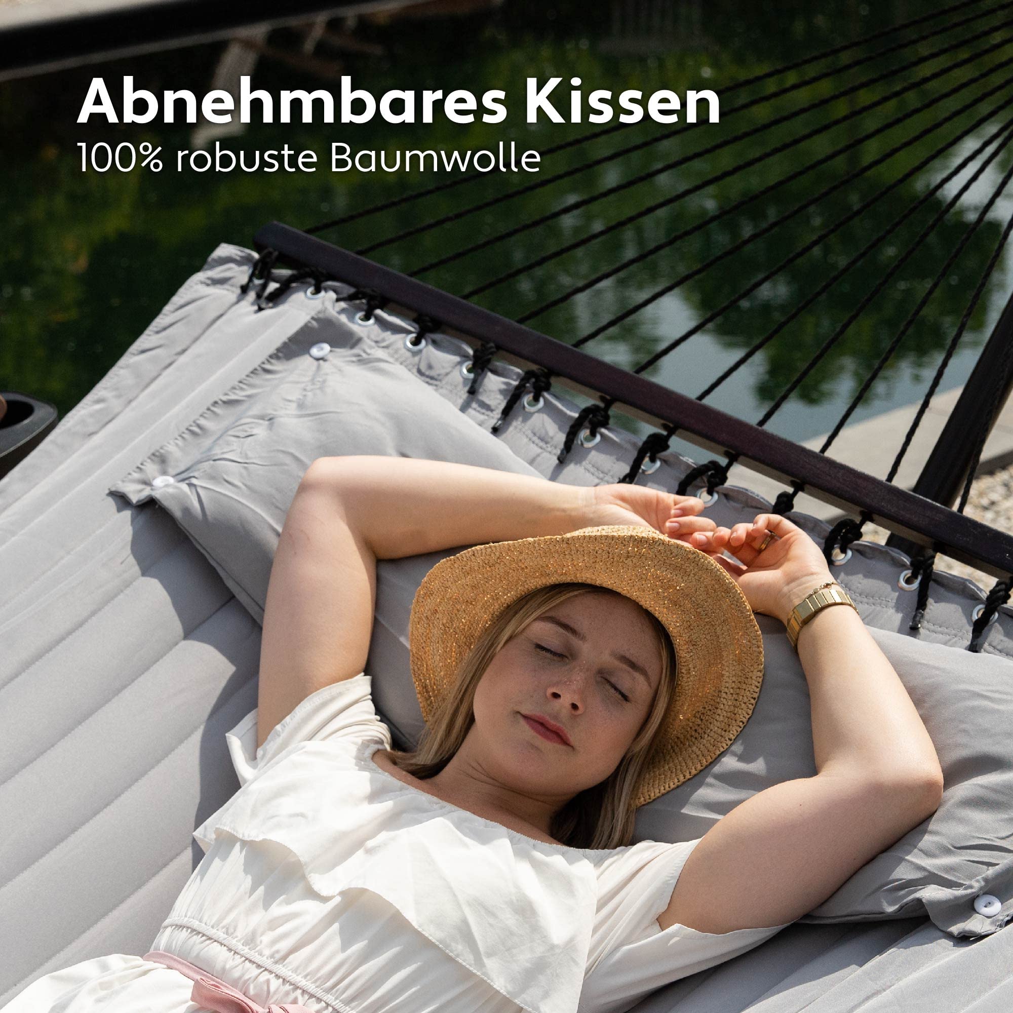Hängematte mit Gestell und Tisch - Hängematte Outdoor für den Garten, Pool & Balkon - Großzügige Hängematten 2 Personen - Doppelhängematte mit Ständer und Beistelltisch - 200 kg Belastbarkeit