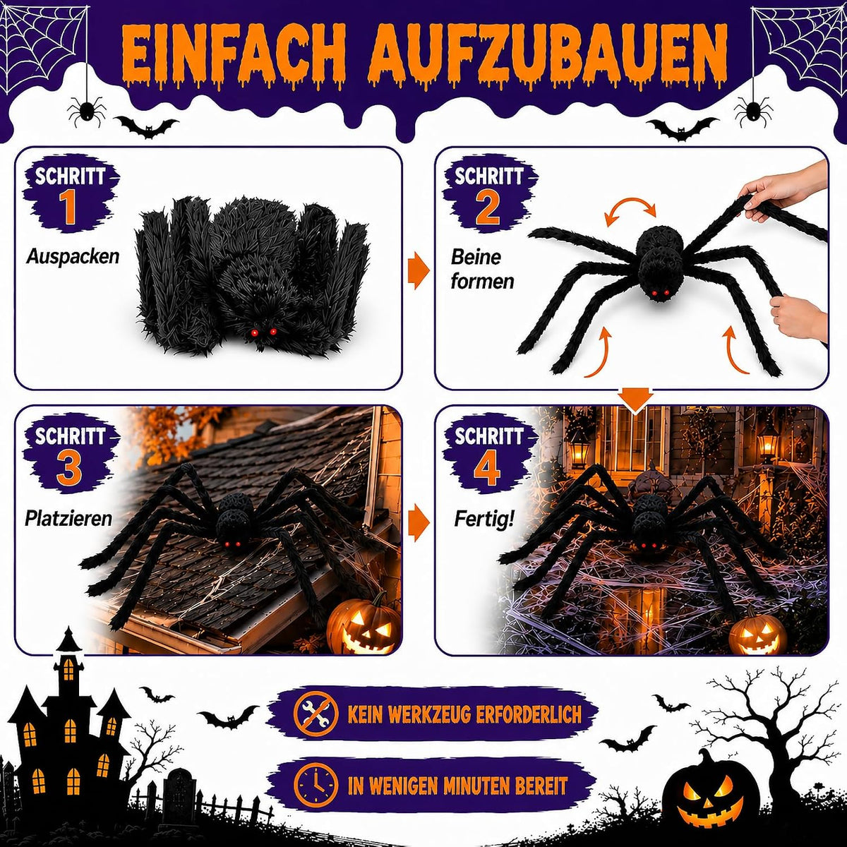Große Halloween Spinne Deko 200cm 2er-Set