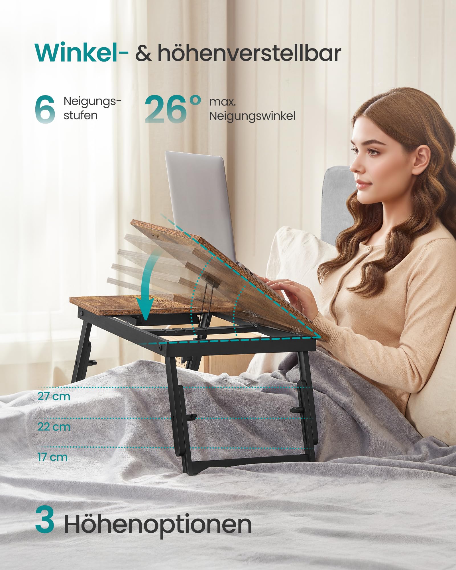 Laptoptisch für Bett, Laptopständer, Winkel- und höhenverstellbar, klappbare Beine, für Laptops bis 15,6 Zoll, Arbeiten, Lesen, Bambusbeine, Schublade, 55,5 x 34,9 cm, vintagebraun LLD105B01