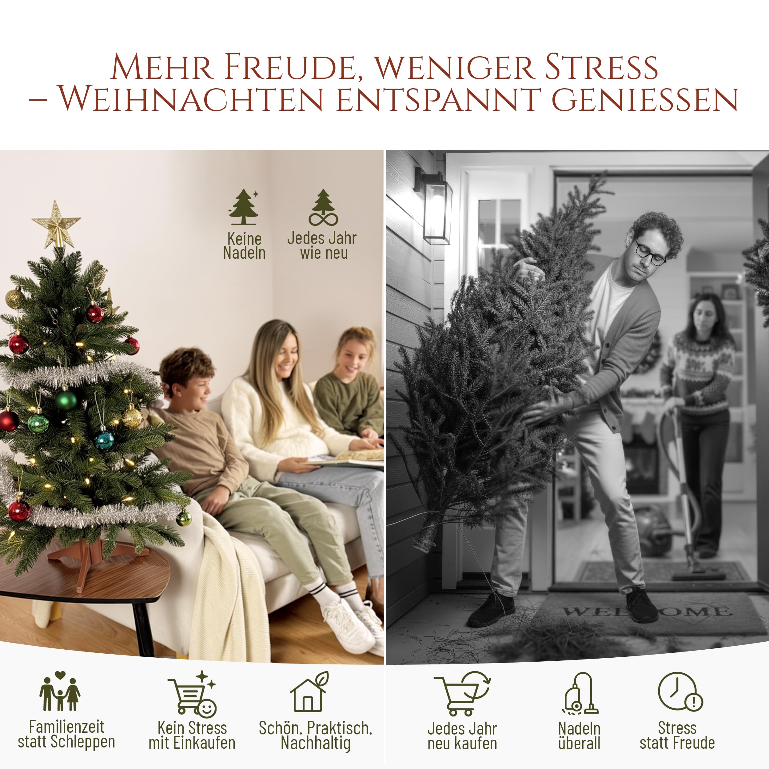 Künstlicher Weihnachtsbaum - Lebensähnlich, besonders dichte Äste, einfache Montage, Made in EU - Premium-Weihnachtsbaum mit Holzständer, Aufbewahrungstasche - Eleganter Nordmann Tannenbaum / Varianten Auswahl - Restposten Neu & OVP!