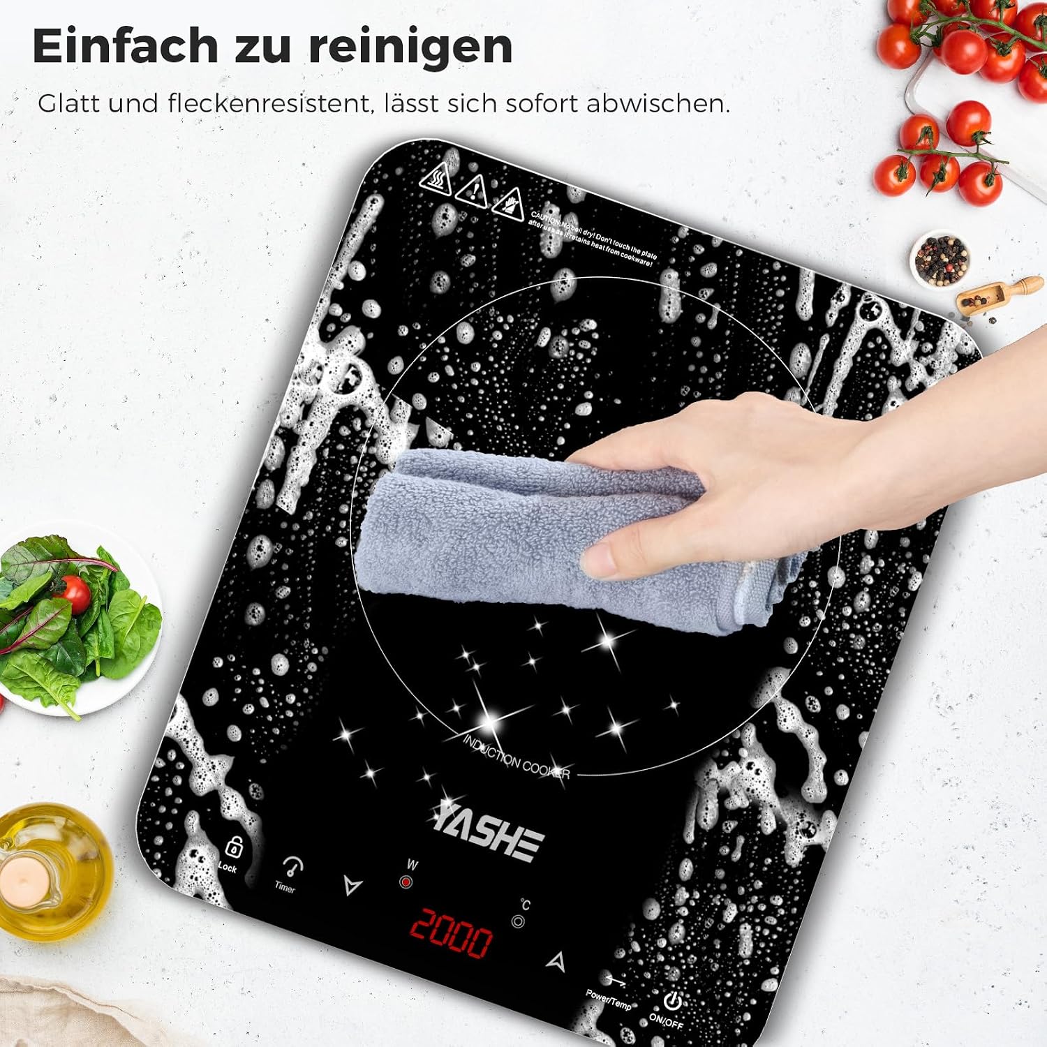 Induktionskochfeld – Einzel Induktionskochplatte, 10-Leistungseinstellung und 10-Temperaturstufen, 2000W Induktionskochfeld 1 Platte, 4-Stunden-Timer, Sicherheitsschloss, Mobil