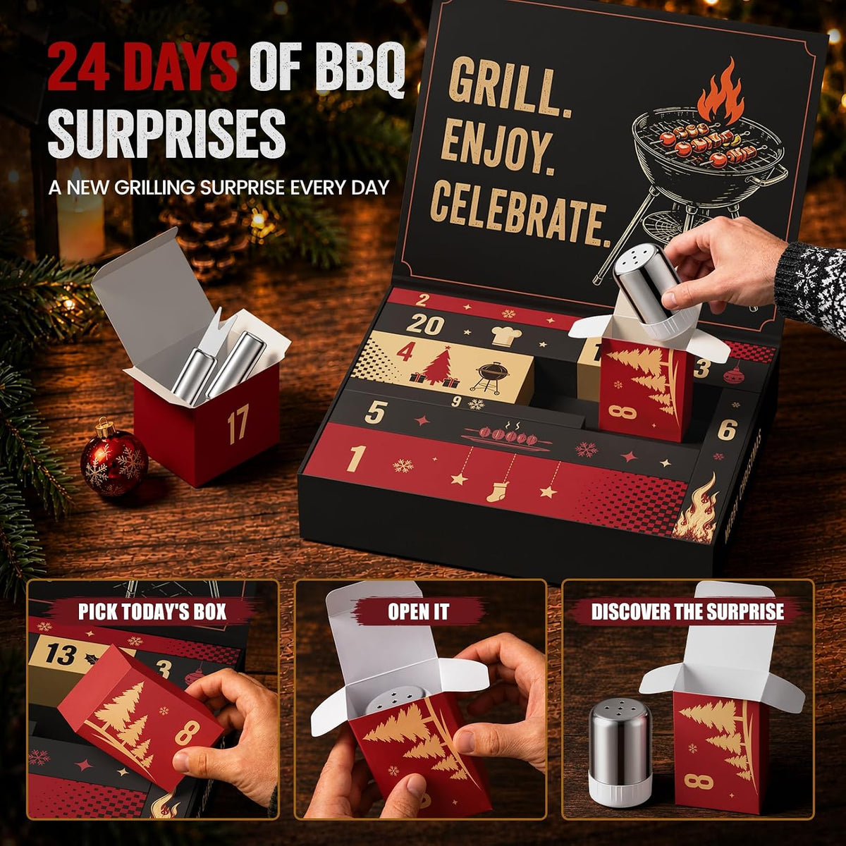 Adventskalender 2026 Männer,24 Tage Grill Adventskalender mit BBQ Grillzubehör Set,Edelstahl Grillbesteck & Grillwerkzeug,Weihnachtskalender für Erwachsene,Weihnachts Geschenk für Papa,Mann & BBQ Fans