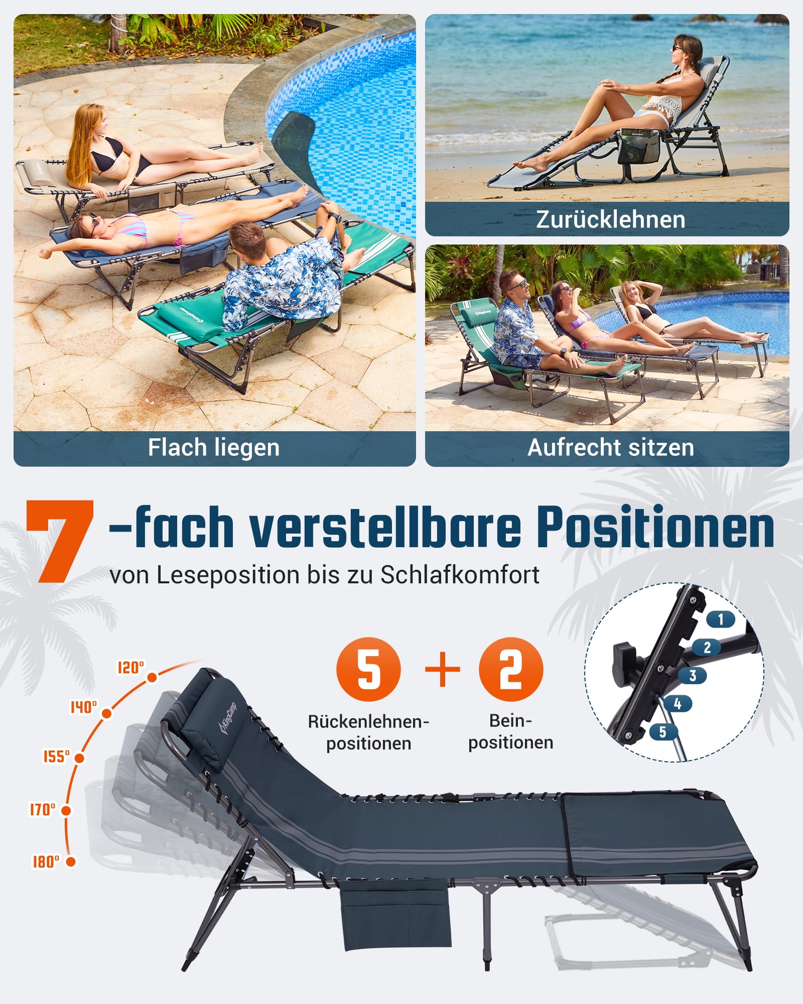Sonnenliege Klappbar 5-Verstellbare, bis 180 kg, 2er Set, Blau | Gartenliege Klappbar, mit Kopfstütze & Seitentasche, Sonnenliege Wetterfest, Strandliege für Garten Terrasse Pool Camping