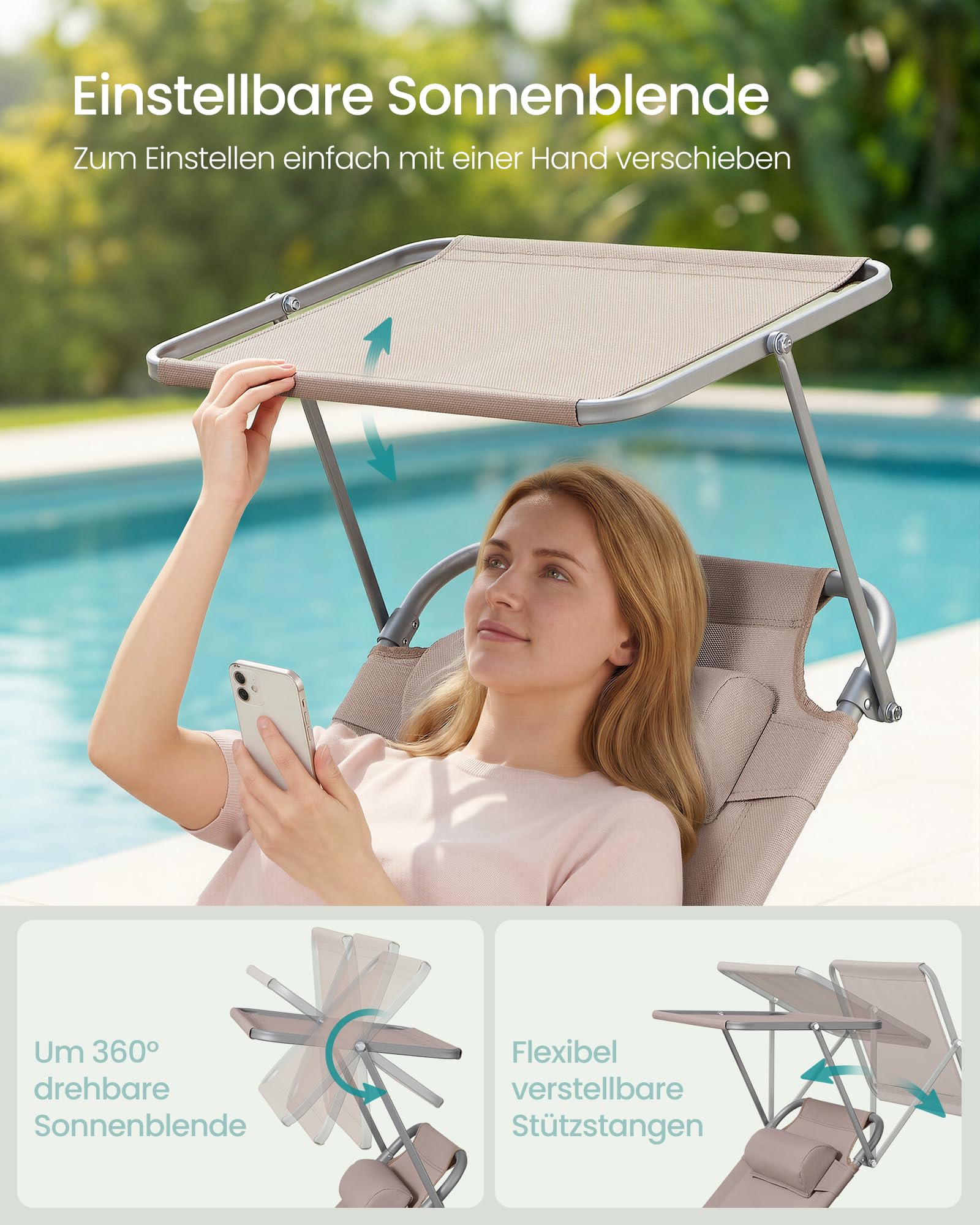 Sonnenliege, klappbarer Liegestuhl, 193 x 53 x 29 cm, trägt bis zu 150 kg, Sonnenschutz, Kopfkissen, verstellbare Rückenlehne, für Garten, Pool, Terrasse