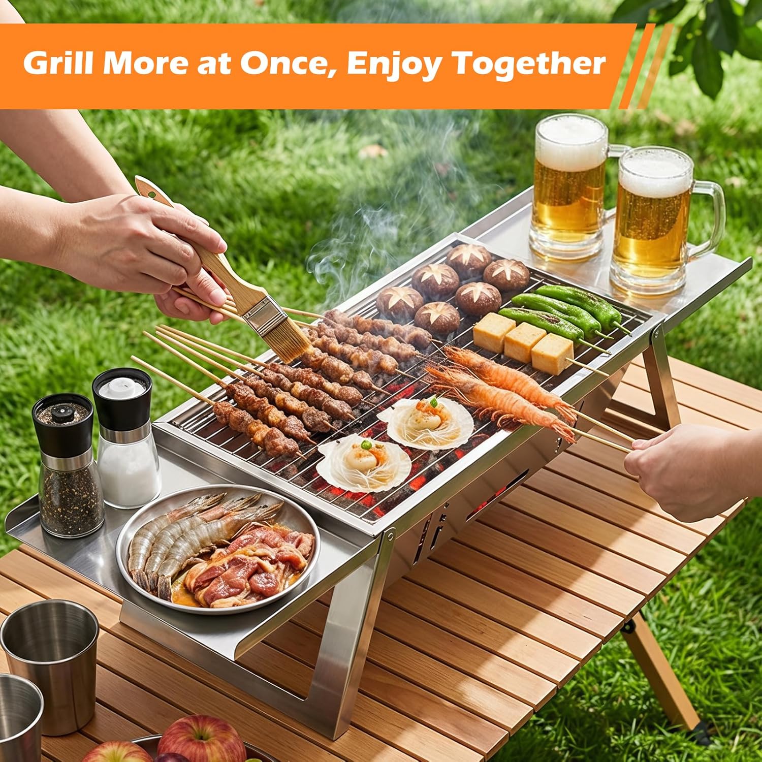 Kleiner Tragbarer Camping Holzkohlegrill, Mini tischgrill holzkohle mit 4-stufiger Hitzeverstellung, reise Klappgrill für Outdoor, Camping, Garten, picknick, Strand & Party Barbecue