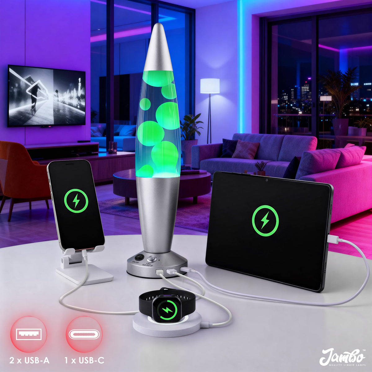 Jambo Liquid-Motion-Lampe mit schwarzem Sockel (Black Base, Purple Liquid, White Wax, 16")