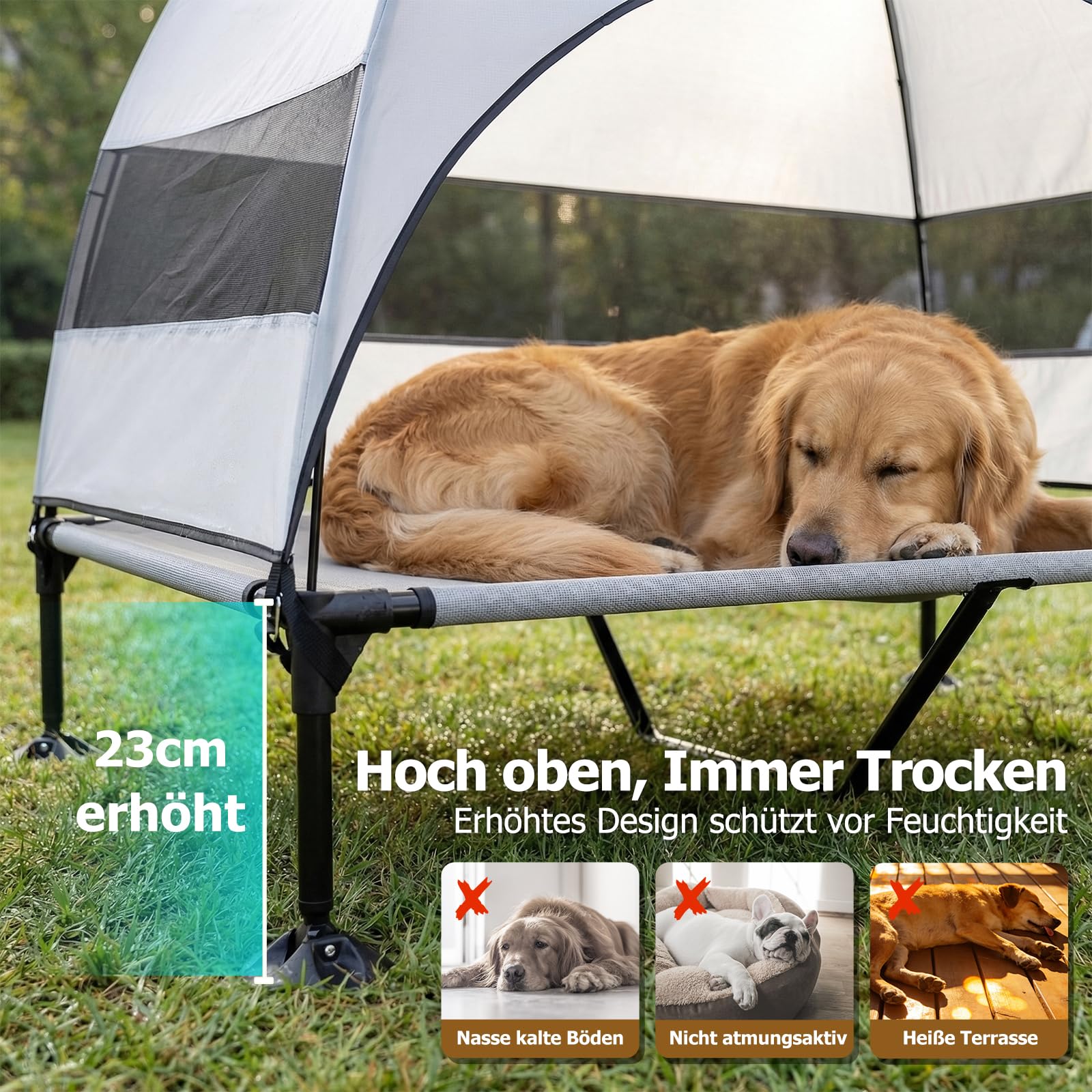 Erhöhtes Hundebett Outdoor mit UV-beständiges Dach，Hundeliege Klappbar mit Anti-Rutsch-Füßen, Hundezelt Outdoor mit Großem Schatten, Kühlendes ErhöHtes Hunde Bett für Camping, Garten & Pool (Grau, L)