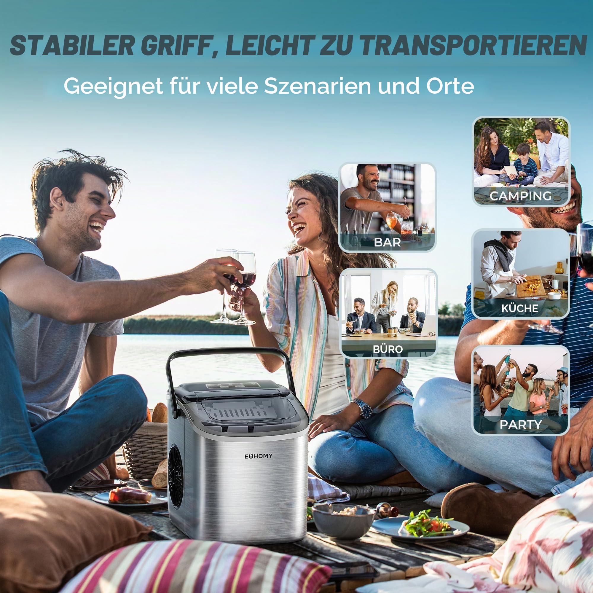 Eiswürfelmaschine Klein, 9 Eiswürfel in 6 Minuten, 12 kg/24H, Eiswürfelmaschine Edelstahl mit Tragbarem Griff, Selbstreinigender Kompakter Eiswürfelmaschinen für Zuhause/Küche/Büro/Bar