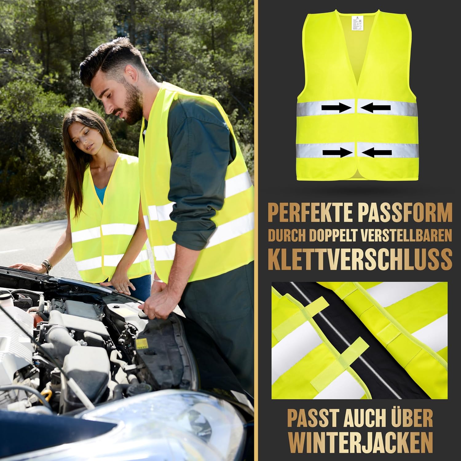 Warnwesten Auto 4er Set Europaweit gültig nach aktueller Norm 2026 EN ISO 20471 - Reflektierende Warnweste Auto - Sicherheitsweste Gelb - Warnschutzweste - Auto Warnweste für Erwachsene