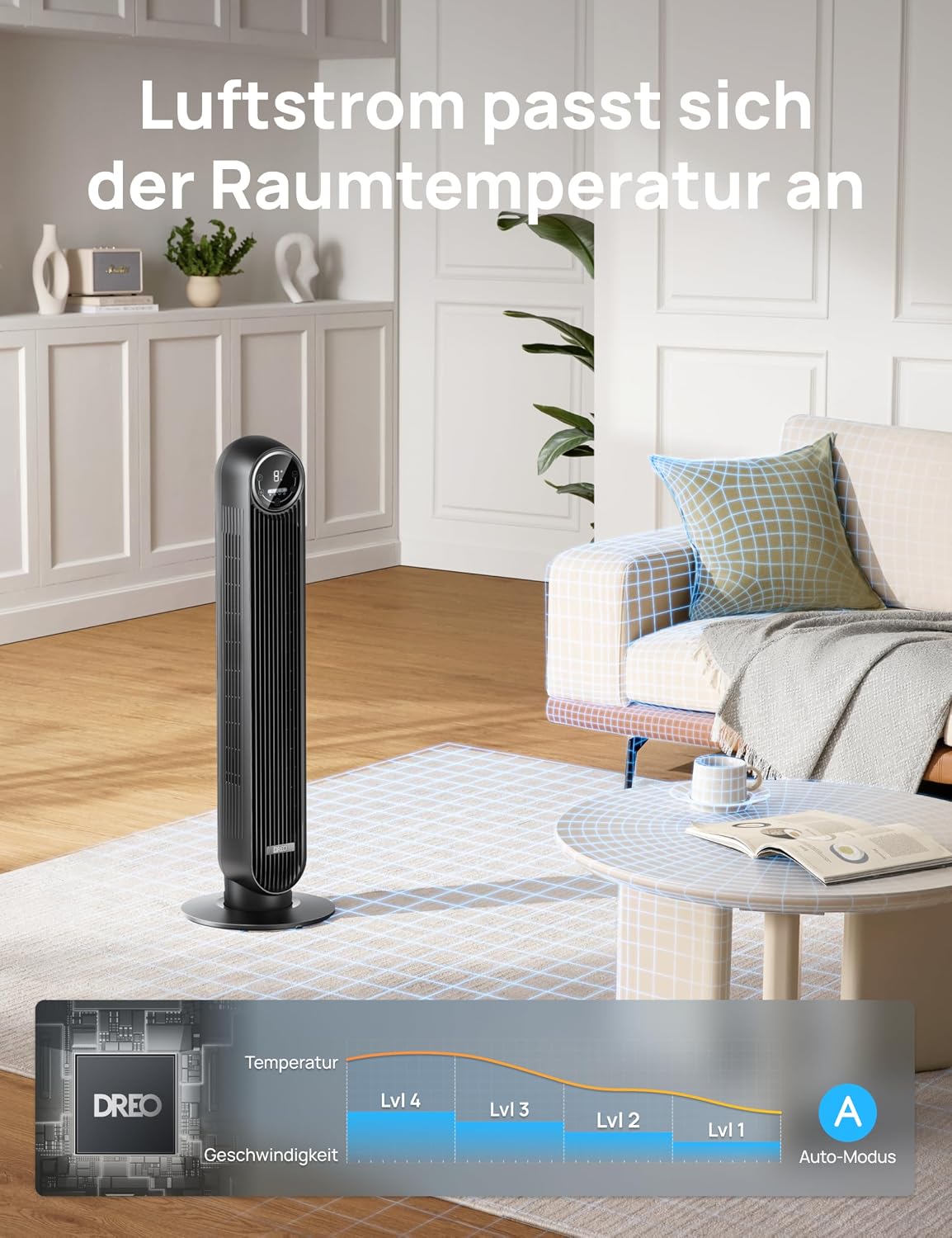Leiser Turmventilator, 10 m Wurfweite 8 Geschwindigstufen 4 Modi 8 Std. Timer 90° oszillierende Ventilator mit Kühlung Fernbedienung für Schlafzimmer,Turmventilator 307, Schwarz