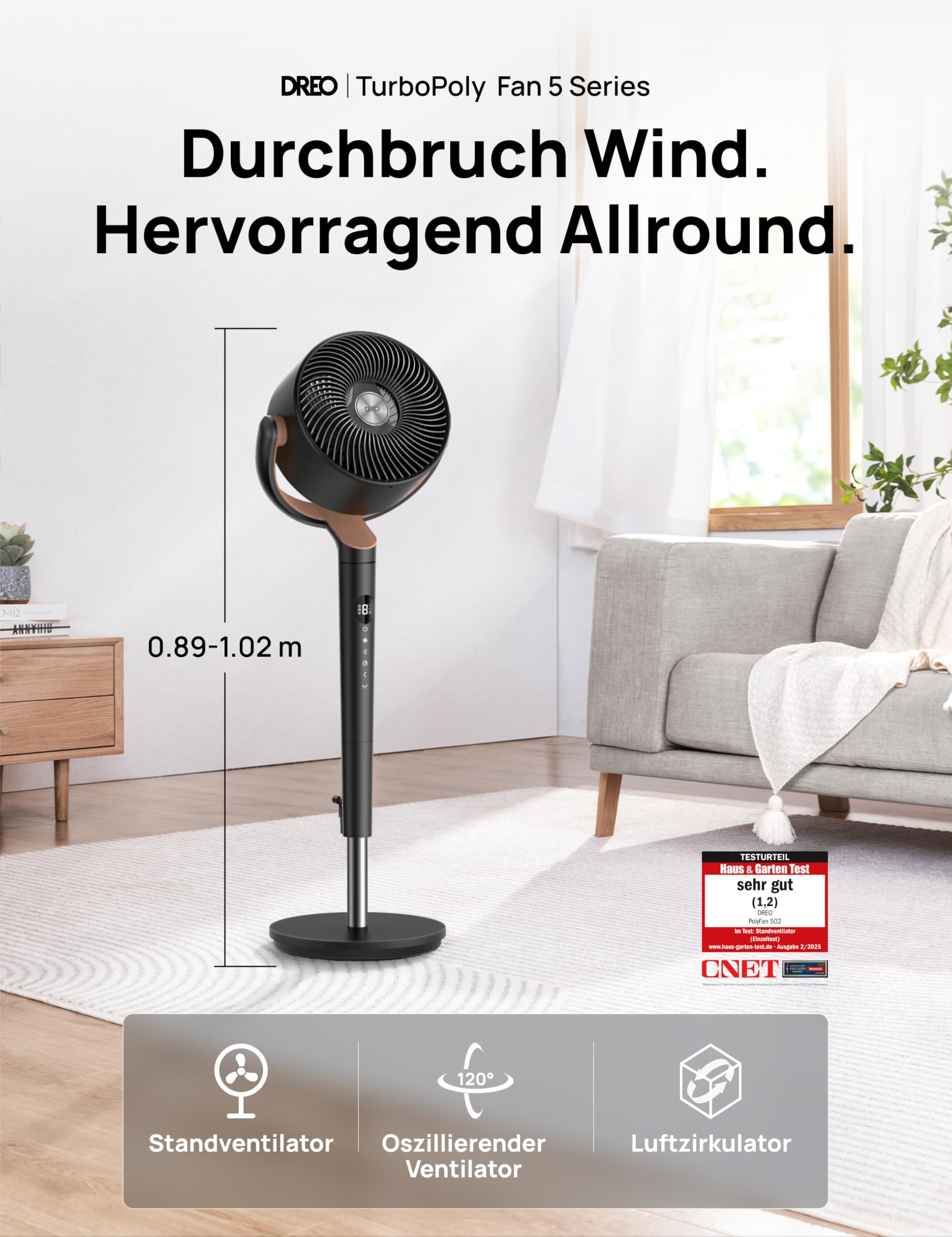 Starker Standventilator Smart mit RGB Light, 120° +120° Oszillierender Ventilator mit Fernbedienung, 20dB Leiser Bodenventilator / Turmventilator für Schlafzimmer, 8H Timer, Silber