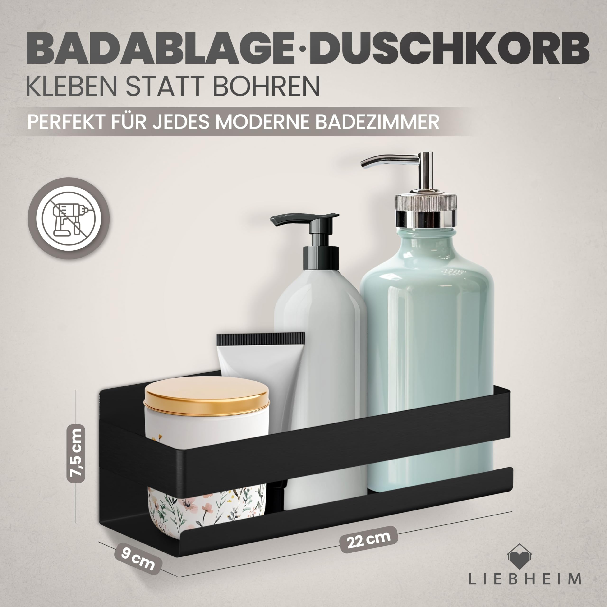 Duschablage Ohne Bohren - Badregal - Duschkorb - Bad Organizer | Massiv - silber gebürstet - 22 cm x 9 cm - 2 Klebevarianten für Nass- und Trockenbereich