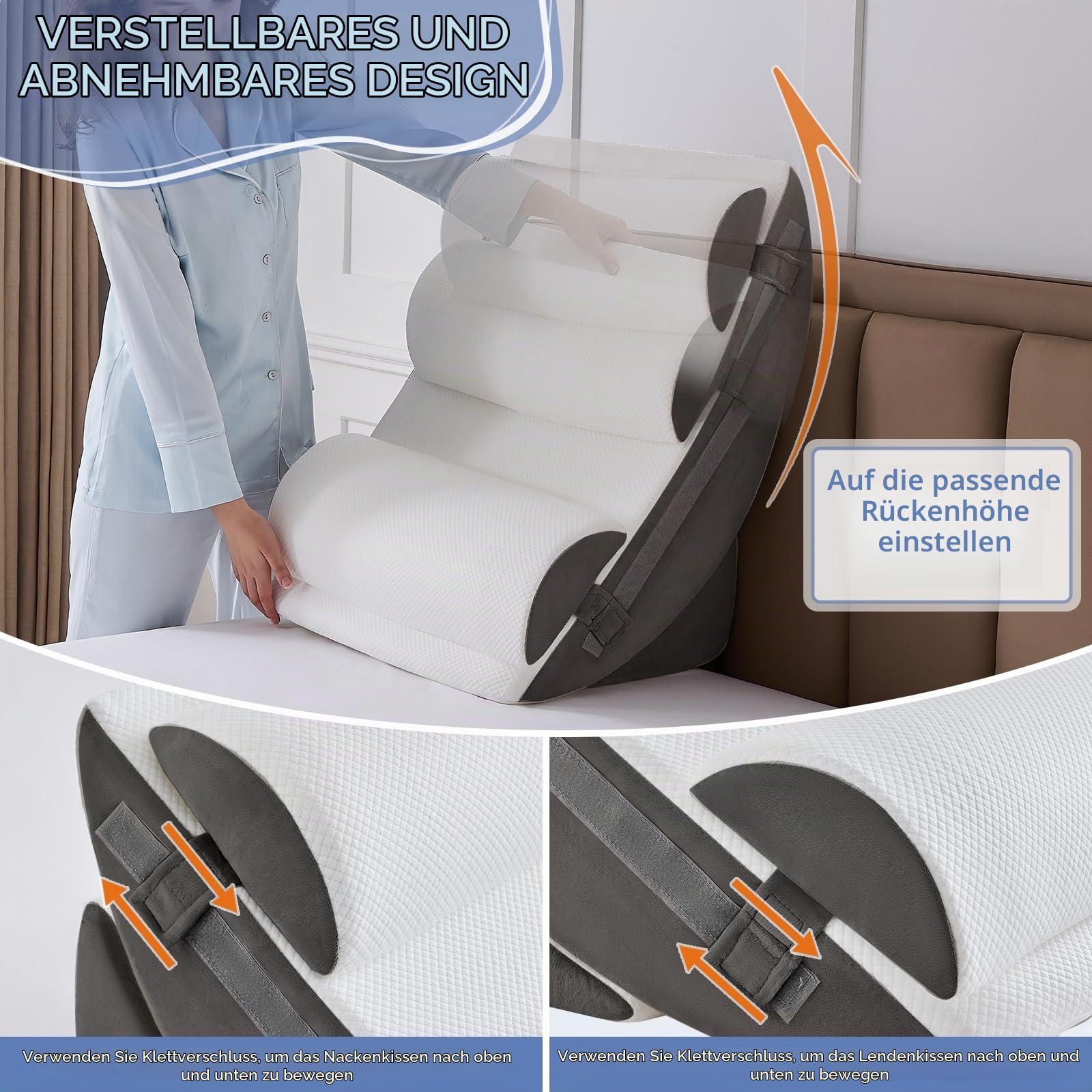 9PCS Orthopädische Bett Keil Kissen Set,Post Chirurgie Schaum Kissen für Körper, Rücken und Beine Schmerzlinderung,Justierbare Stützkissen mit Säure Reflux Bed Wedge Memory Foam Durchgehend dunkelgrau