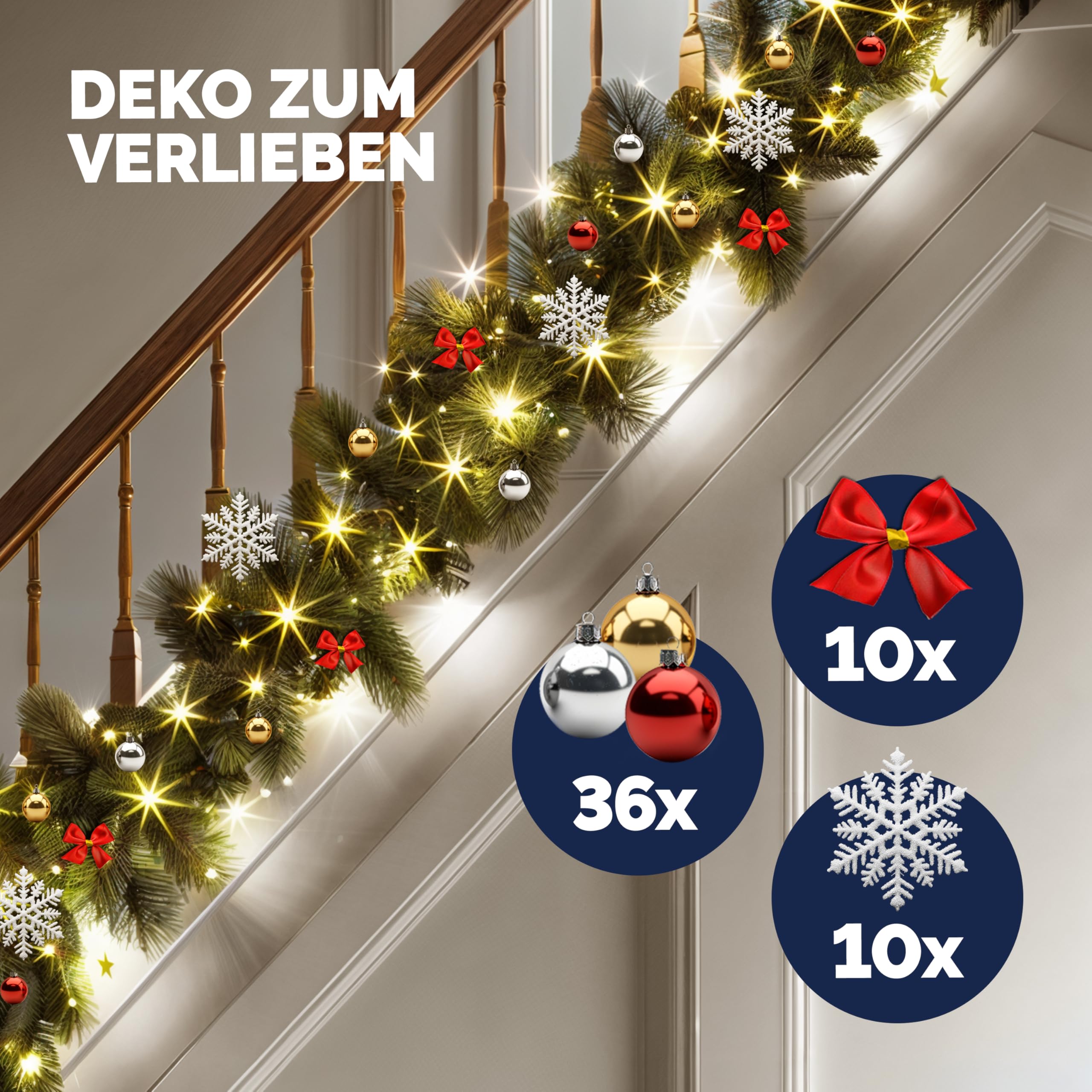Weihnachtsgirlande mit Beleuchtungsdekoration, 80 LEDs Beleuchtetes Innen- und Außengrün Weihnachtsdekoration, Weihnachtsgirlande, Tannengirlande - Warmes Weiß
