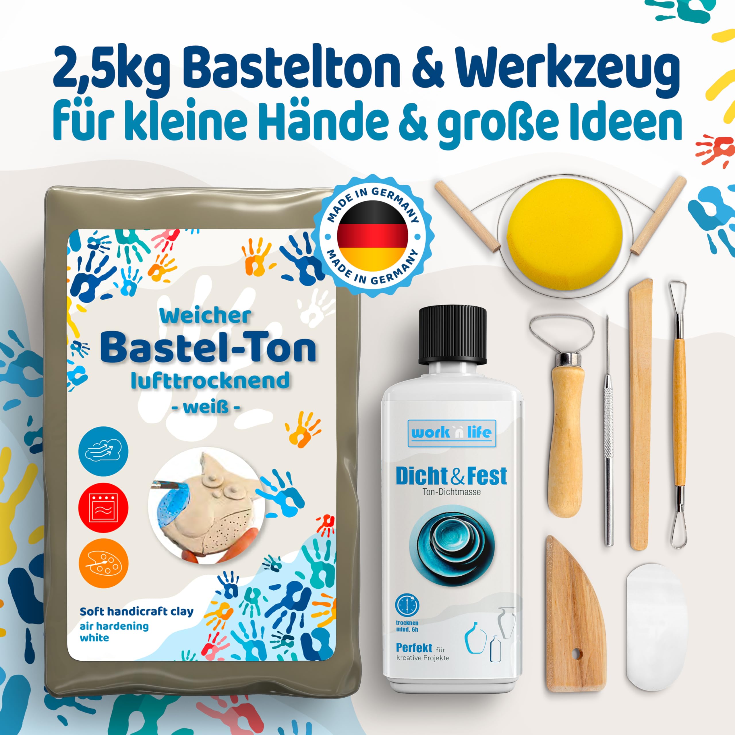 Selbsttrocknender Ton  – Bastelton lufthärtend – extra stabil mit Bindemittel – für Kinder & Einsteiger