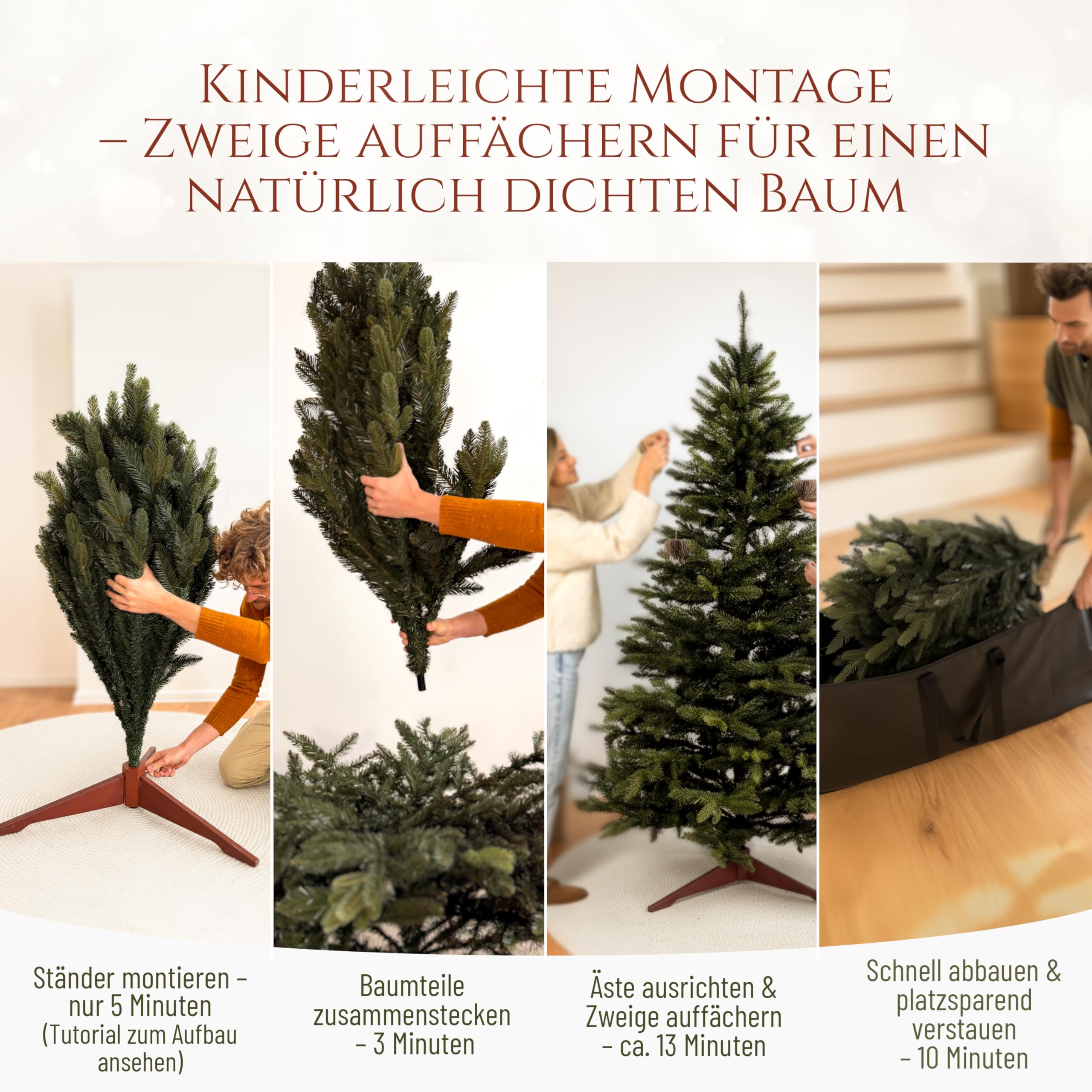 Künstlicher Weihnachtsbaum - Lebensähnlich, besonders dichte Äste, einfache Montage, Made in EU - Premium-Weihnachtsbaum mit Holzständer, Aufbewahrungstasche - Eleganter Nordmann Tannenbaum / Varianten Auswahl - Restposten Neu & OVP!