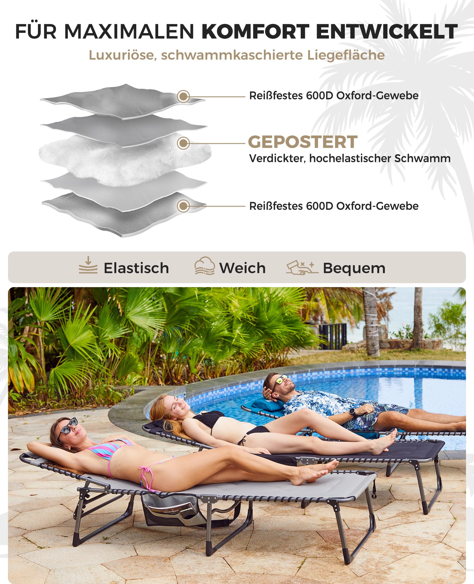 Sonnenliege Klappbar 5-Verstellbare, bis 180 kg, 2er Set, Blau | Gartenliege Klappbar, mit Kopfstütze & Seitentasche, Sonnenliege Wetterfest, Strandliege für Garten Terrasse Pool Camping