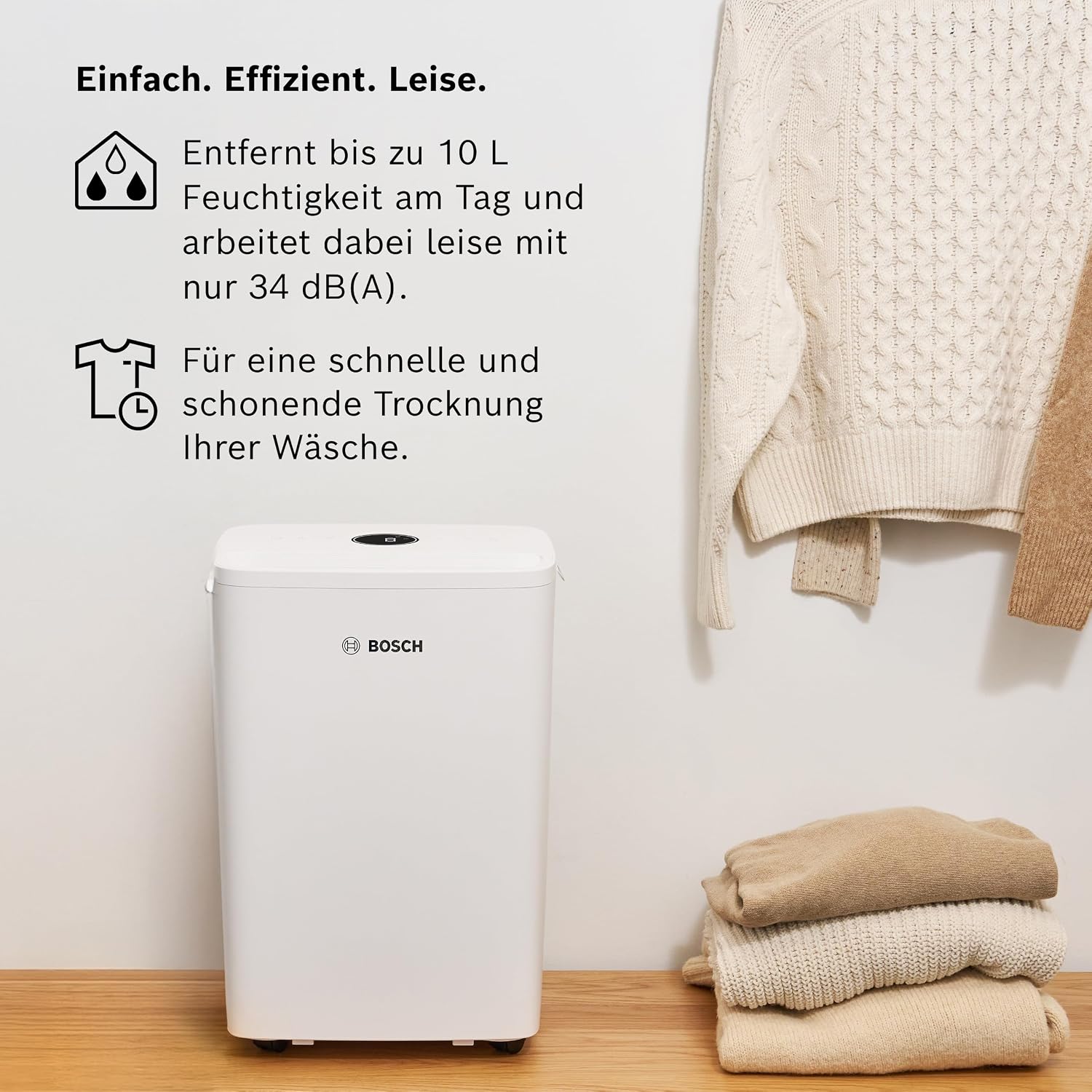 Bosch Dry, Luftentfeuchter, Für Räume bis zu 33 m² | Einfach, Effizient, Leise, Ideal für Deine Wohnung & die schnelle Trocknung Deiner Wäsche