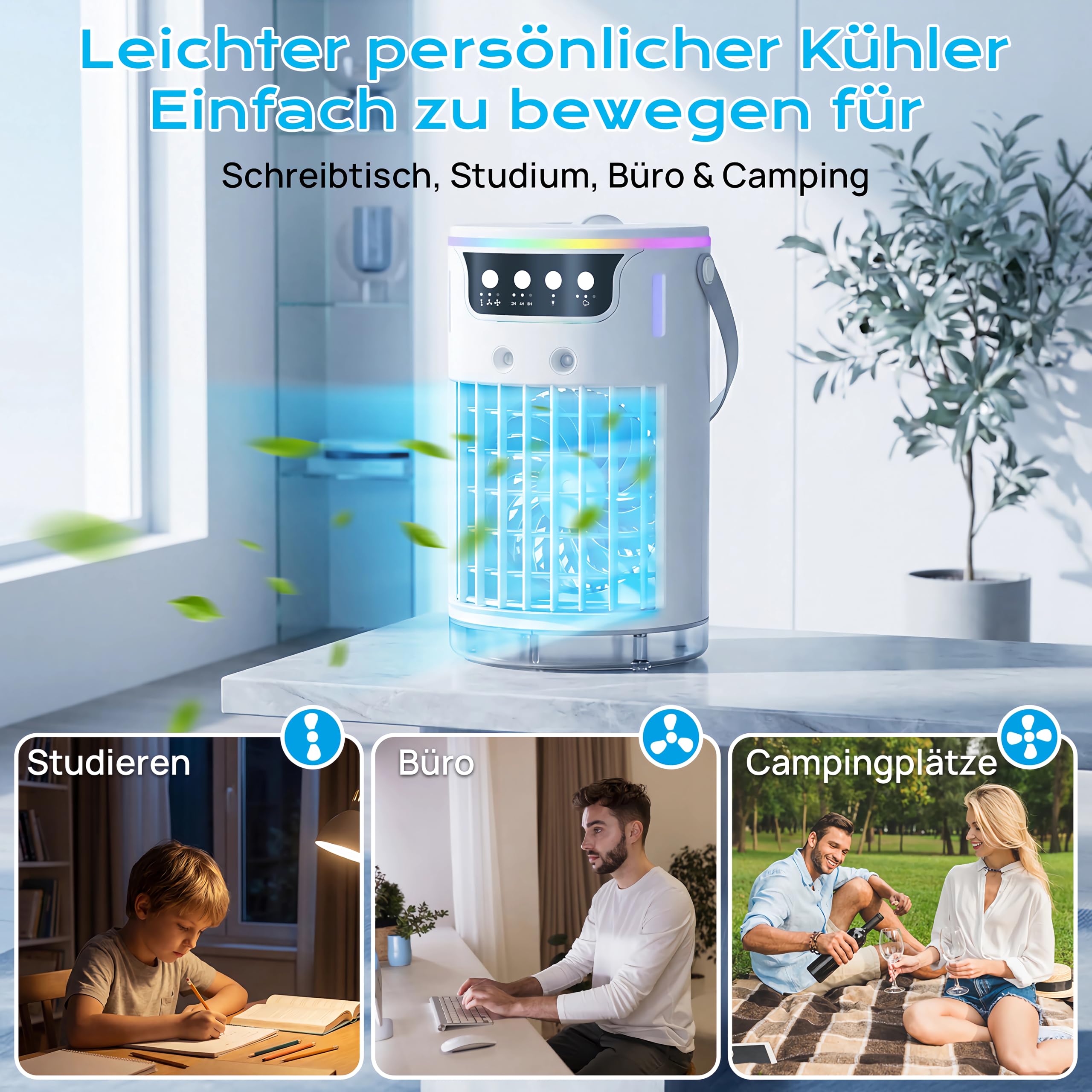 Mini klimaanlage, 1200ml Mobile Klimaanlage mit 3 Geschwindigkeiten & 2-4-8H Timer, Klimaanlage mobil für Schlafzimmer Büro Schreibtisch