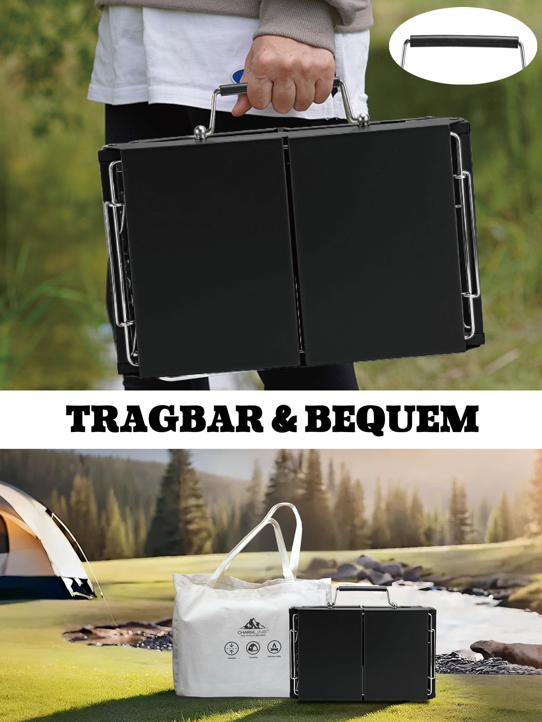 Tragbarer Holzkohlegrill, Klappbarer Campinggrill 35 x 23 cm für 1–3 Personen, Mini BBQ Grill für Balkon, Garten, Camping, Picknick und Strand