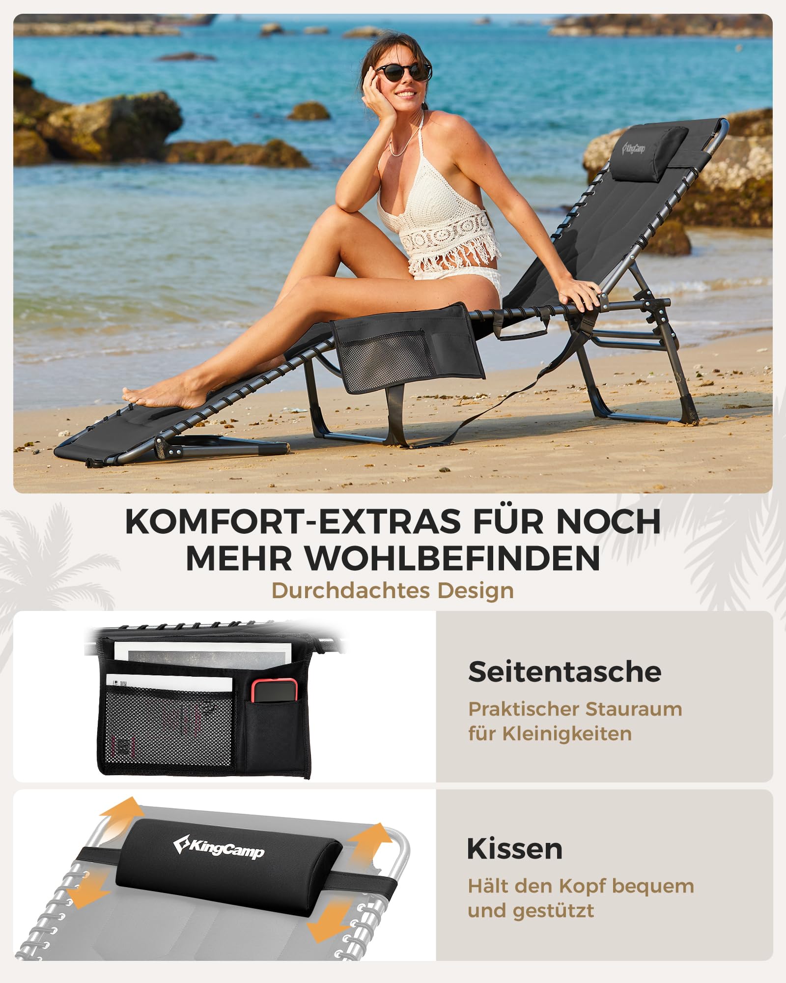 Sonnenliege Klappbar 5-Verstellbare, bis 180 kg, 2er Set, Blau | Gartenliege Klappbar, mit Kopfstütze & Seitentasche, Sonnenliege Wetterfest, Strandliege für Garten Terrasse Pool Camping