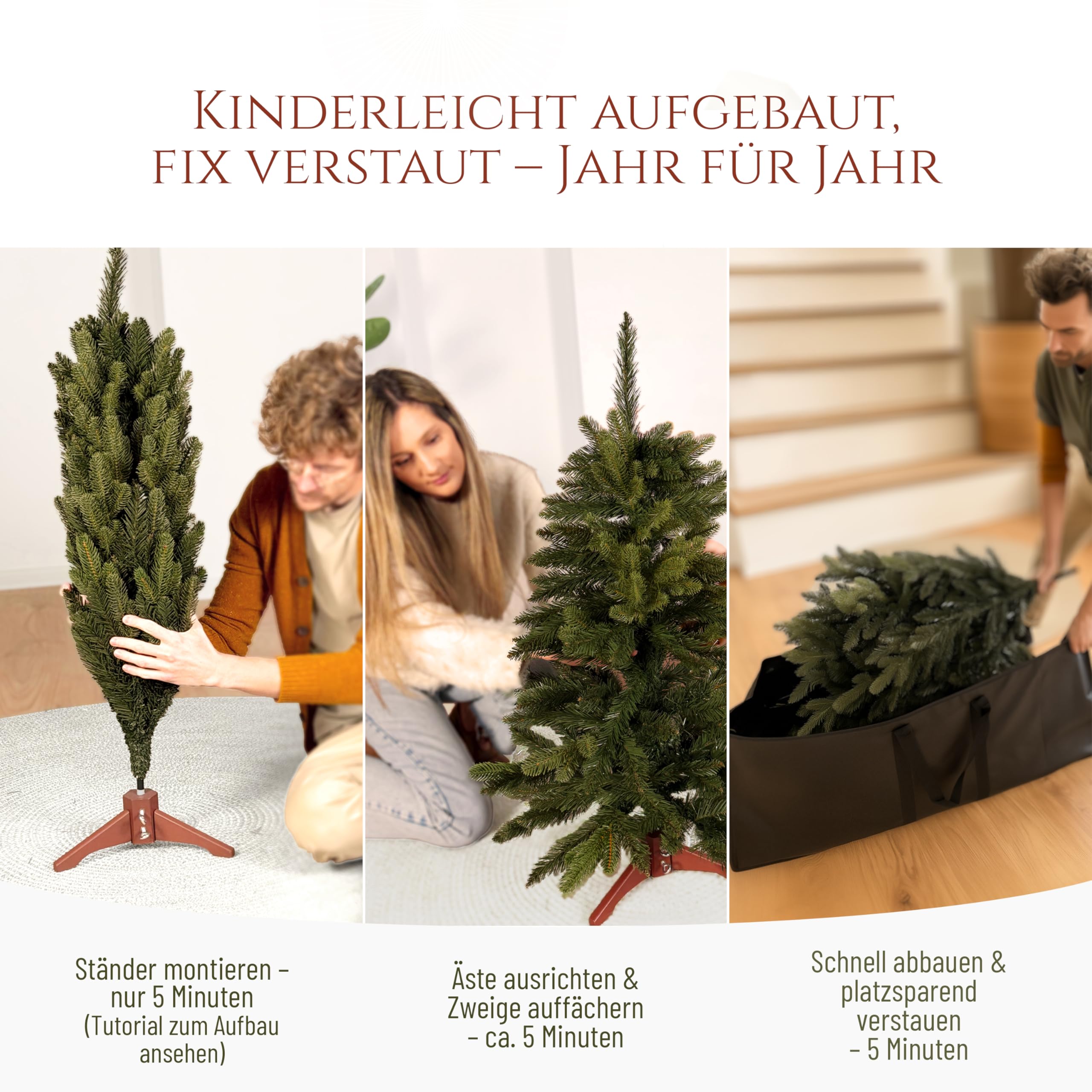 Künstlicher Weihnachtsbaum - Lebensähnlich, besonders dichte Äste, einfache Montage, Made in EU - Premium-Weihnachtsbaum mit Holzständer, Aufbewahrungstasche - Eleganter Nordmann Tannenbaum / Varianten Auswahl - Restposten Neu & OVP!