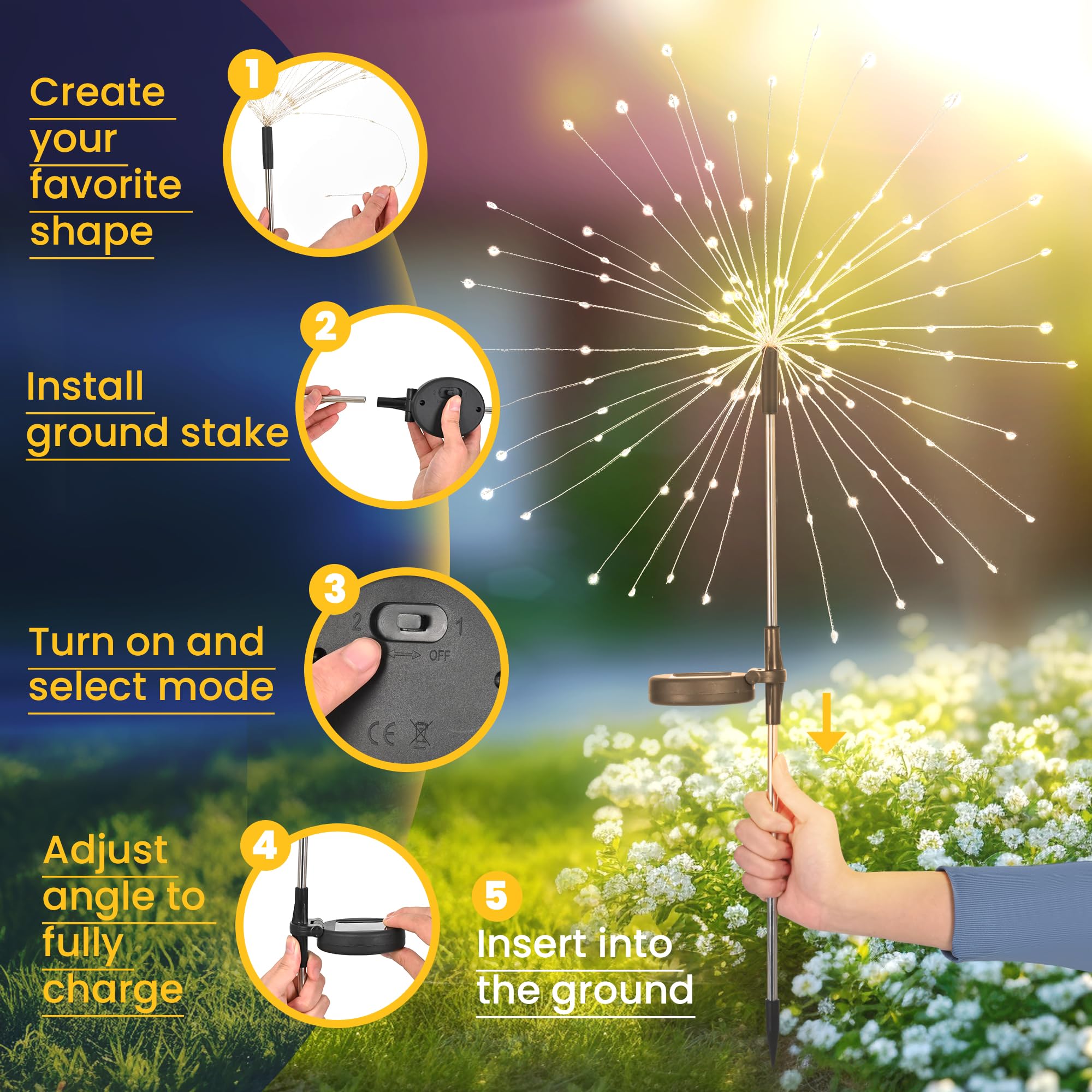 Gartendeko Solarleuchten für Außen,4 Stück 120 LED Feuerwerk Solarleuchten, Wetterfest Pusteblume Solarlampen für Balkon Terrasse Blumenkästen Hof Deko