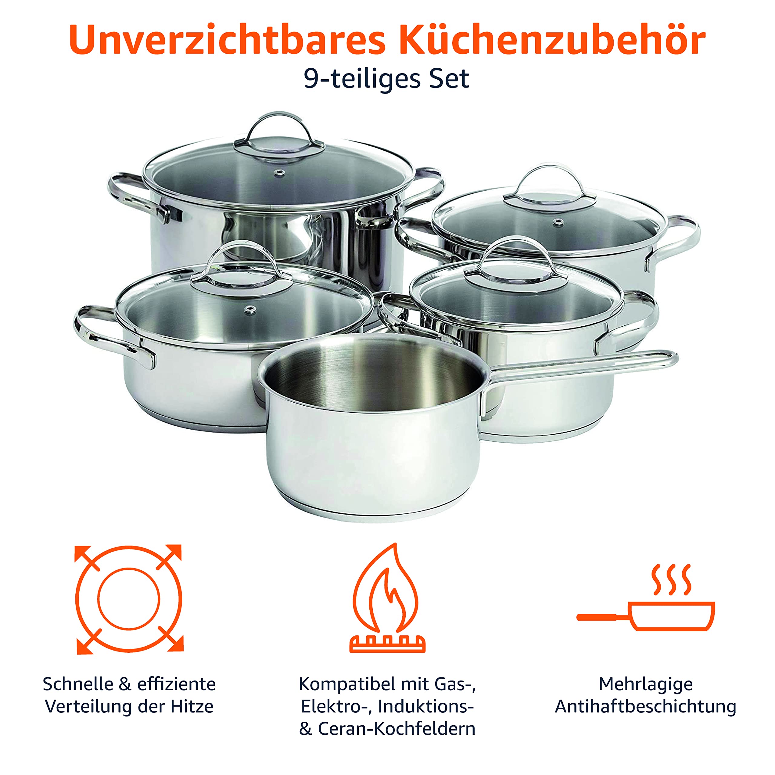 Edelstahl Pfannenset - Topfset Induktionskochgeschirr mit Deckel / Restposten - Abverkauf