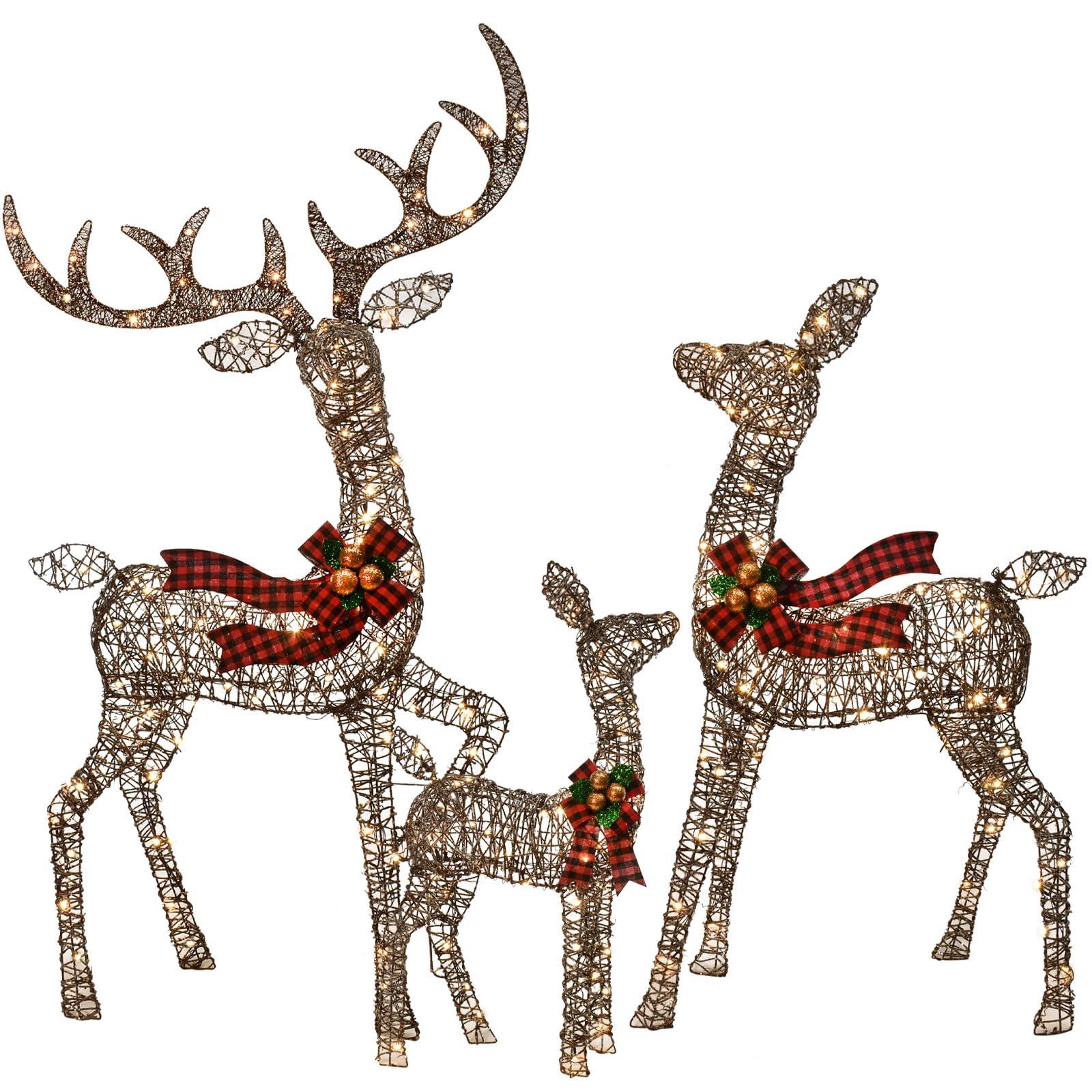 Beleuchtete Weihnachtsdekoration Deer 3 Stücke, Beleuchtete Weihnachtsdekoration Reindeer Familienset für Indoor Outdoor Vorderveranda mit LED, Stecker, Verlängerungskabel, Bodenpfähle, Gold