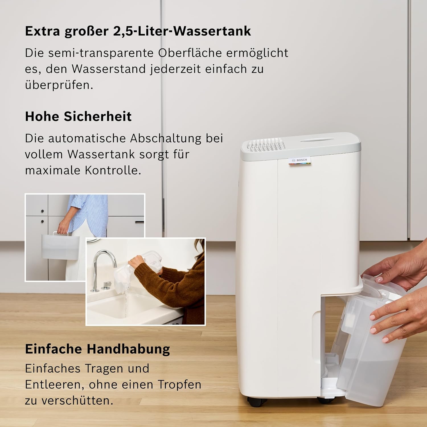 Bosch Dry, Luftentfeuchter, Für Räume bis zu 33 m² | Einfach, Effizient, Leise, Ideal für Deine Wohnung & die schnelle Trocknung Deiner Wäsche