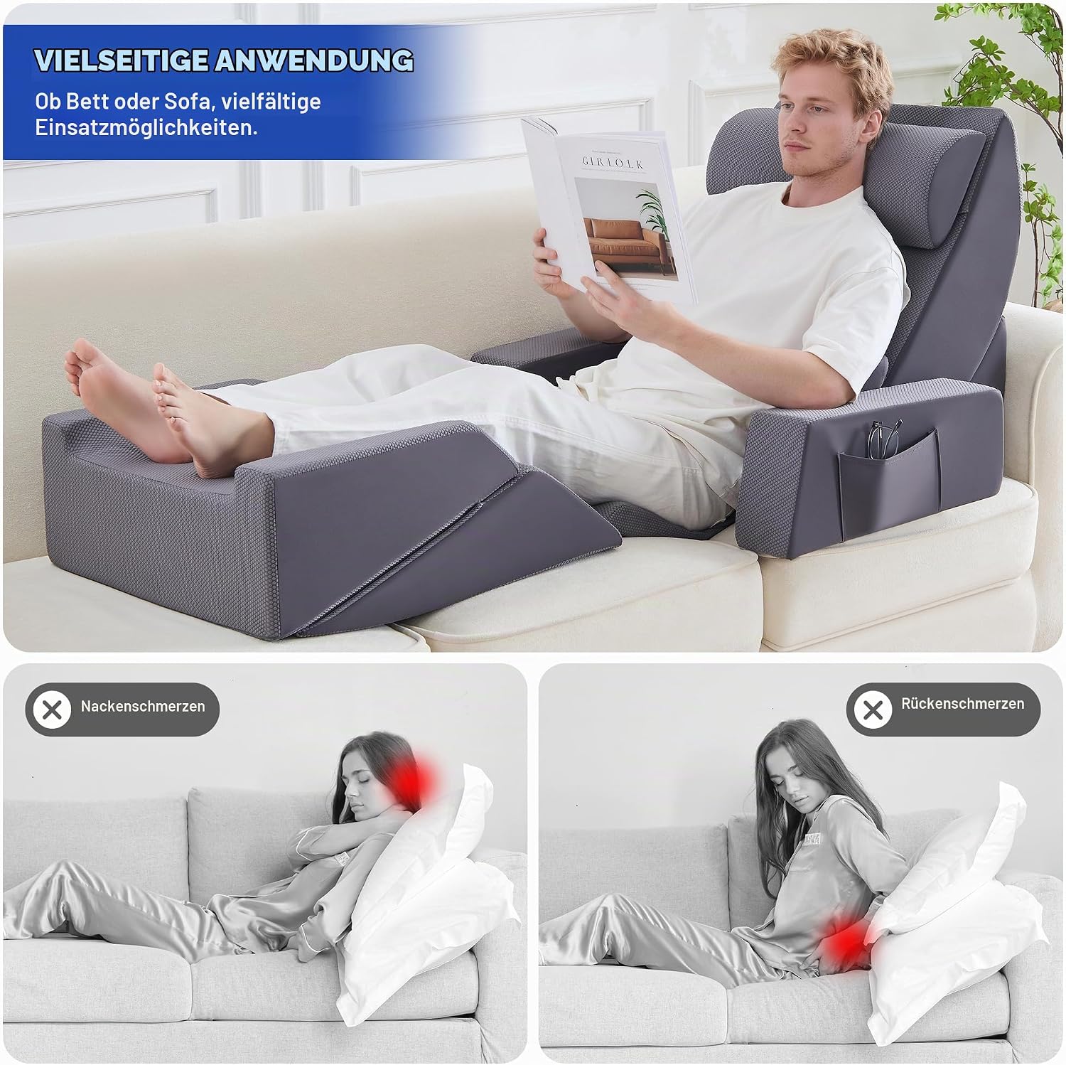 9PCS Orthopädische Bett Keil Kissen Set,Post Chirurgie Schaum Kissen für Körper, Rücken und Beine Schmerzlinderung,Justierbare Stützkissen mit Säure Reflux Bed Wedge Memory Foam Durchgehend dunkelgrau