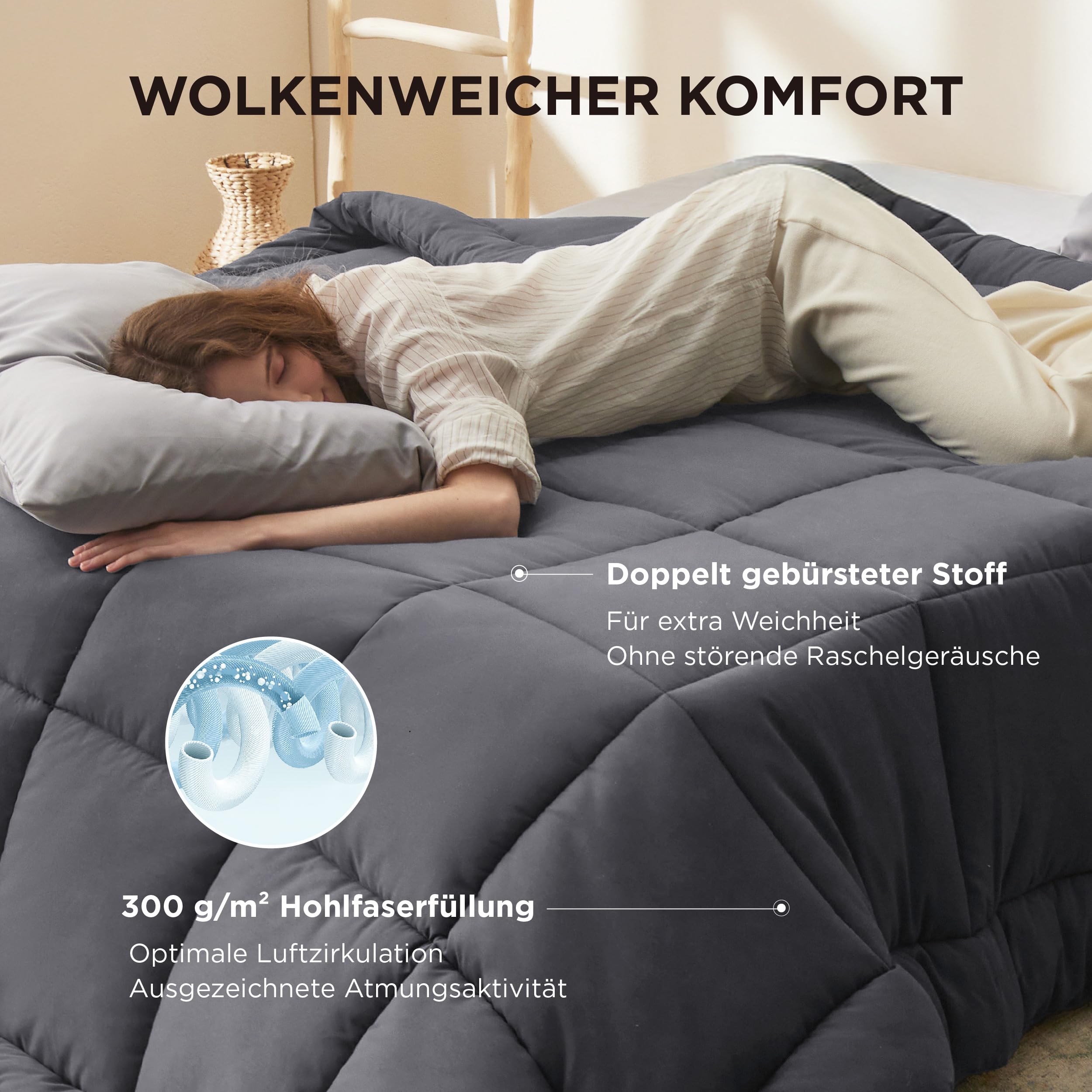 BEDSURE Bettdecke Ohne  - Bettdecke für Allergiker, Warm & Gemütlich Ganzjahresdecke 300GSM Füllung, Waschbare Duvet für 4 Jahreszeiten, Grau/Hellgrau