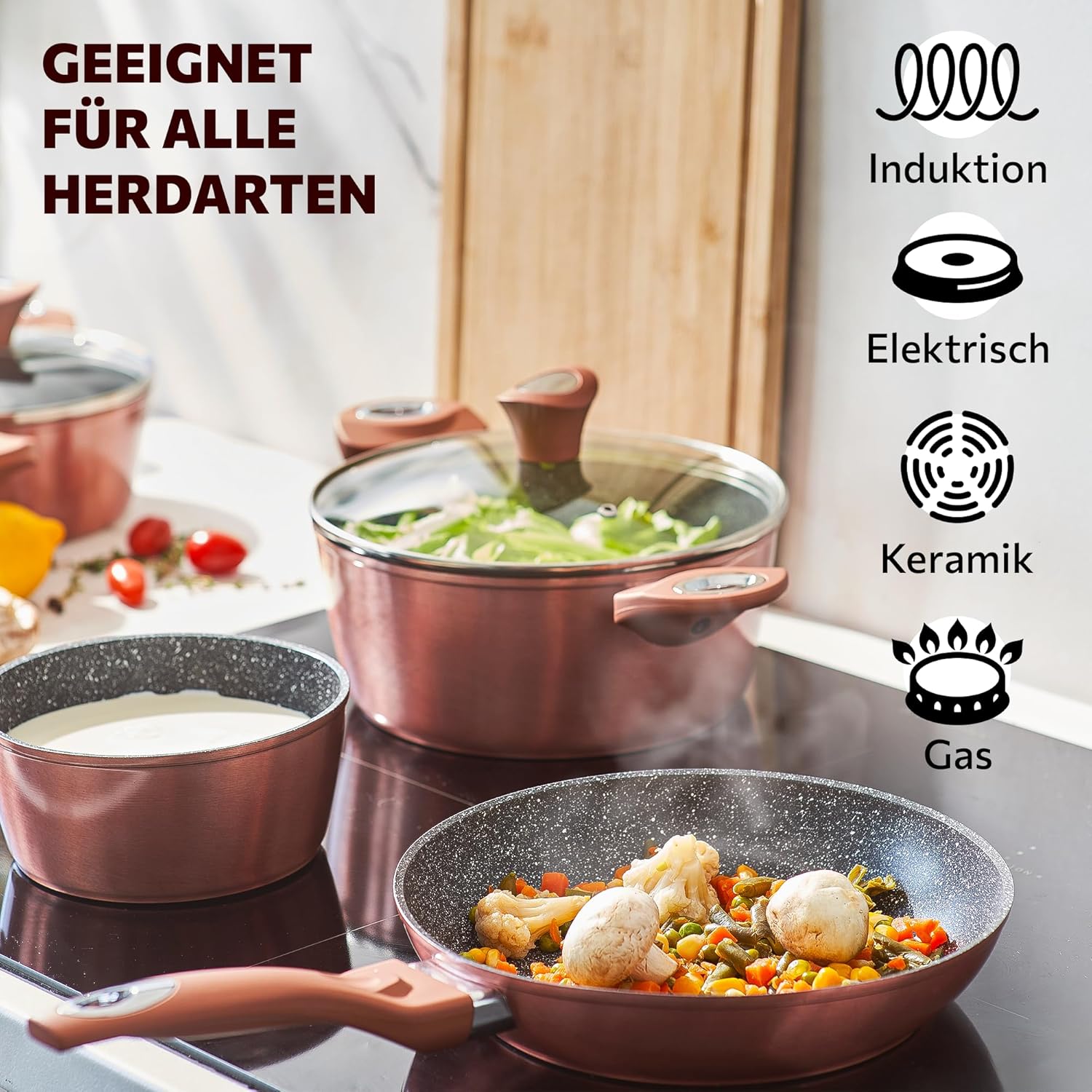HooJay Keramik-Kochset 5-teilig – PFAS-freie Antihaftbeschichtung, Stapelbar Mit Abnehmbaren Griffen