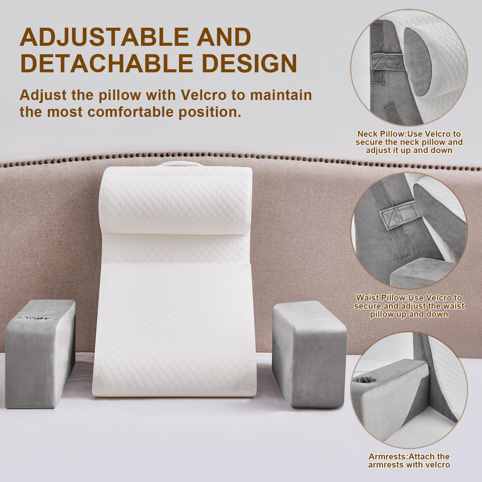 Lesekissen für Bett und Sofa,Bücherkissen mit Abnehmbarer Nackenrolle & Armlehne,Rückenkissen Bett, Wandkissen Multifunktions-Keilkissen zum Lesen, Arbeiten,Bed Wedge Pillow