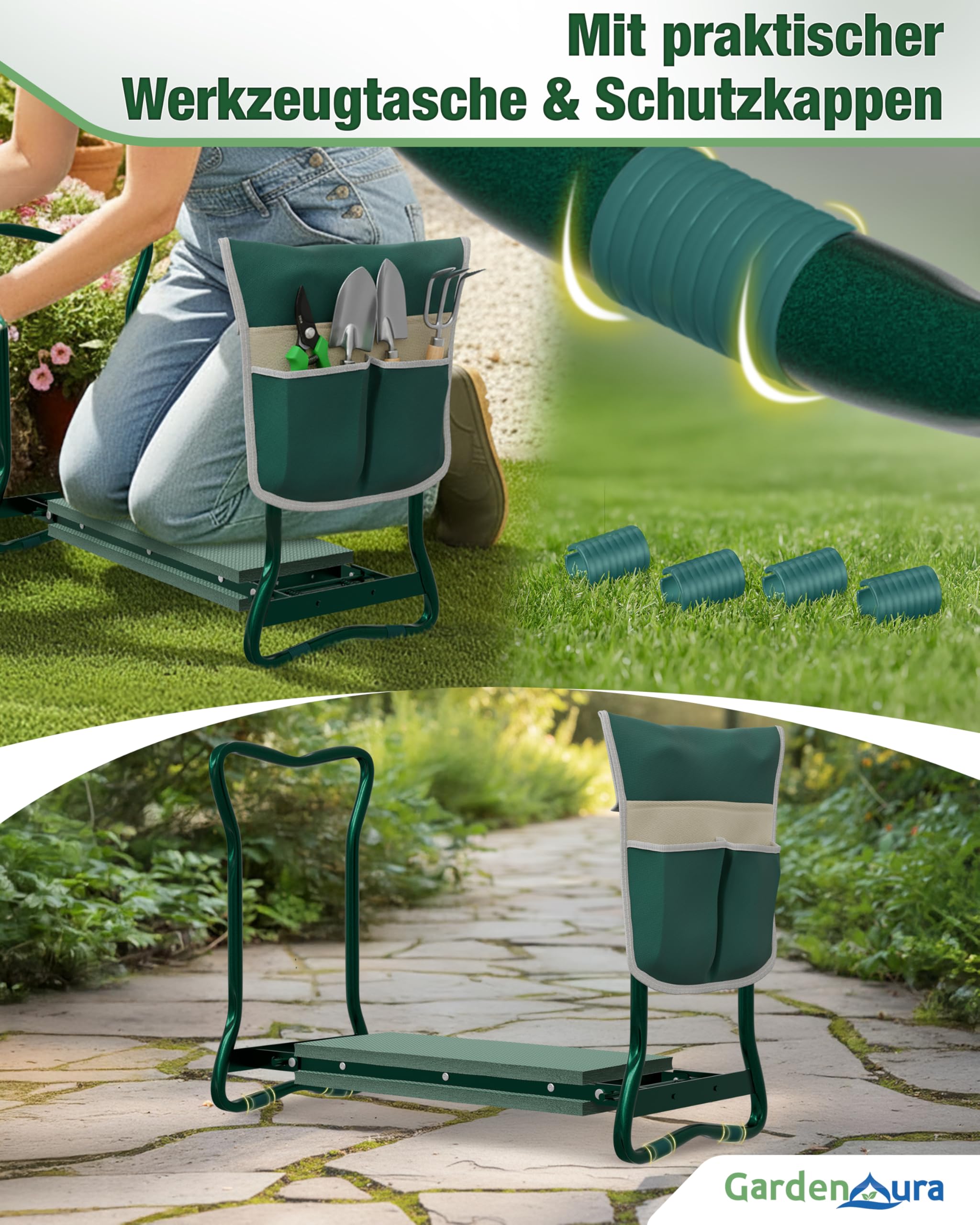 Kniebank für Gartenarbeit - Gartenhocker mit Werkzeugtasche - Garten Kniebank Rücken- und Gelenkschonend bis 150kg belastbar - Gartenhocker klappbar für idealen Knie Komfort