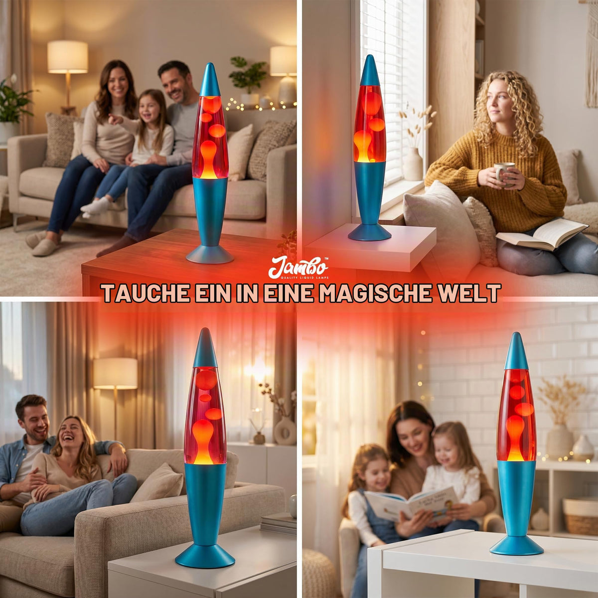 Jambo 40,6 cm schöne flüssige Bewegungslampe mit Wachs, das wie Lava fließt, unterhaltsam für Erwachsene, Jugendliche und Kinder (blaue Basis, blaue Flüssigkeit, gelbes Wachs, 40,6 cm