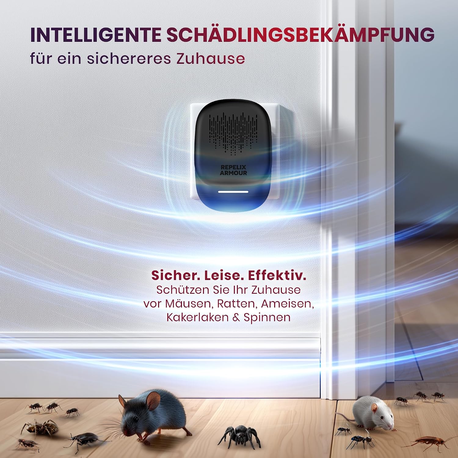 Ultraschall-Schädlingsbekämpfer für Innenräume – 2 Pack – Deckt 140m² pro Gerät ab – 3 Modi – Vertreibt Mäuse, Ratten, Spinnen, Mücken, Ameisen, Insekten & Fliegen