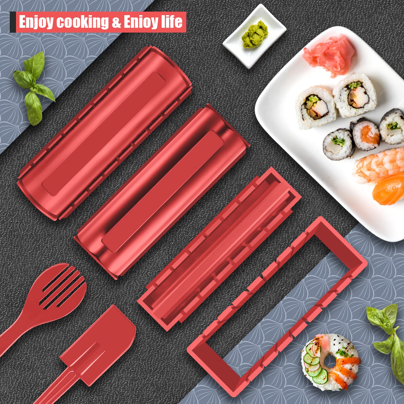 Sushi Set, 20-teiliges Kit für Anfänger, um sich selbst Sushi zu machen, Sushi-Platte mit Reisrollenformen, Gabel, Messer, Rollmatte, Sticks