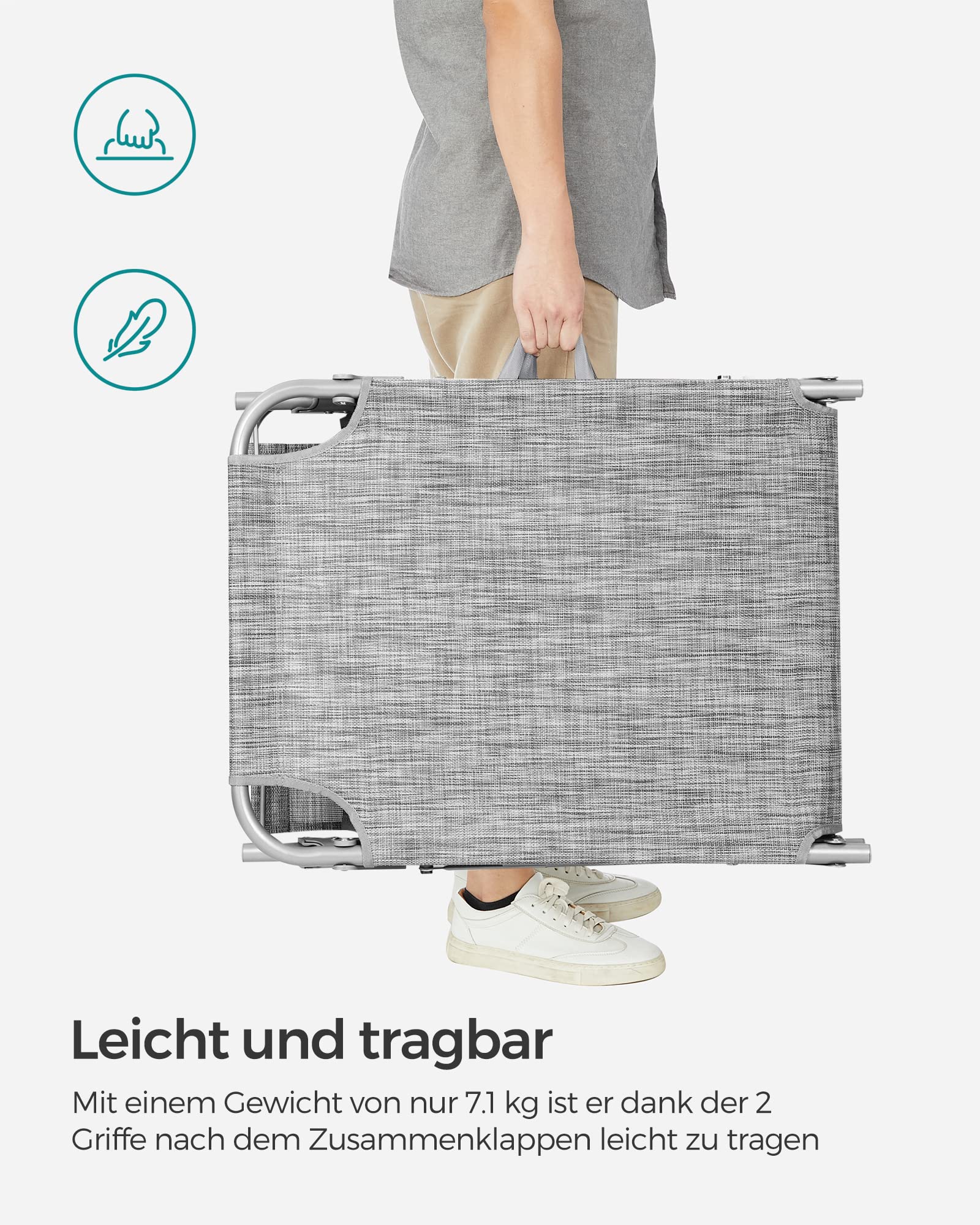 Sonnenliege, klappbarer Liegestuhl, 193 x 53 x 29 cm, trägt bis zu 150 kg, Sonnenschutz, Kopfkissen, verstellbare Rückenlehne, für Garten, Pool, Terrasse