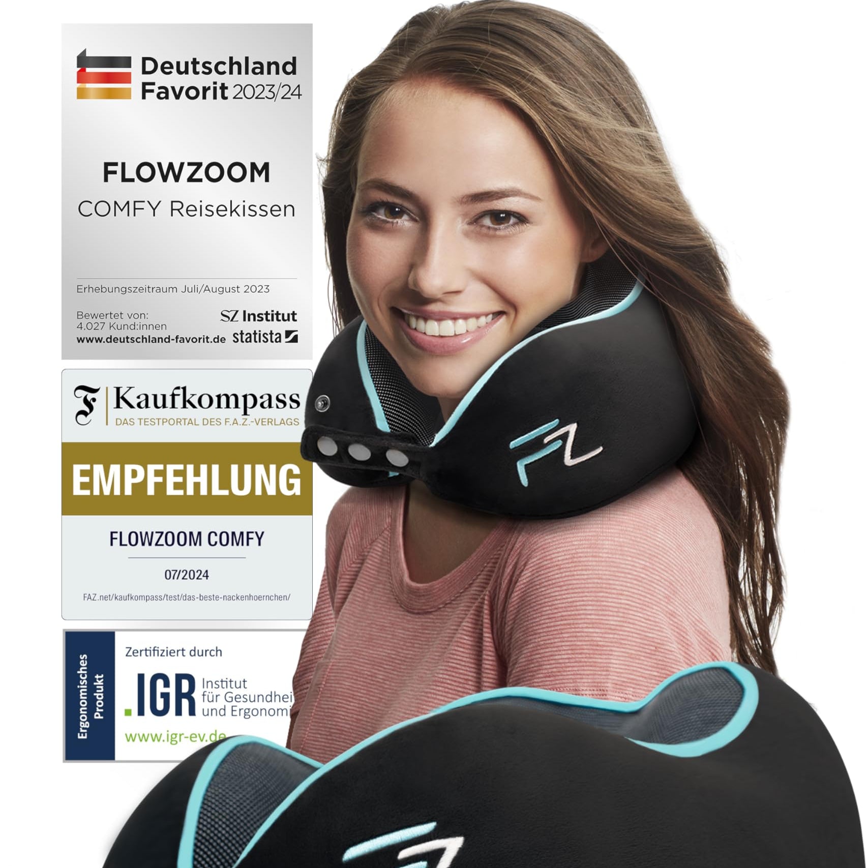 Bequemer Neck Cushion Flugzeug & Auto Reisekissen Memory Foam mit schlankem Rücken und waschbarer Abdeckung (Velvet Soft & Breathable) - Neck Cushion Adults Grey