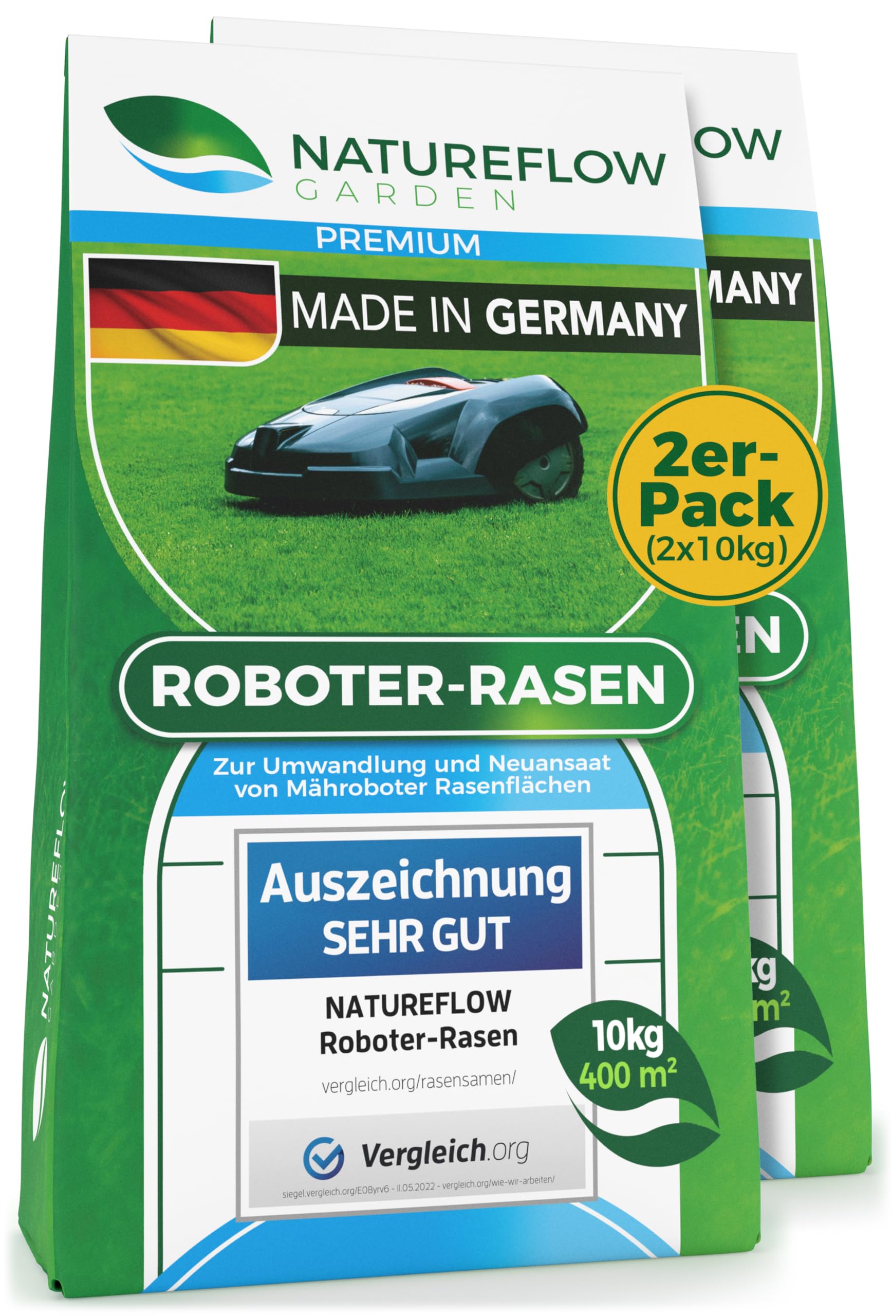 Roboter Rasensamen Unkraut-frei / Schnellkeimend 1kg Sommer – TEST SEHR GUT - Selbstdüngend Roboter Rasensaat für ALLE Mähroboter - 100% Keimgarantie - Nachsaat Grassamen von NATUREFLOW Made in Germany