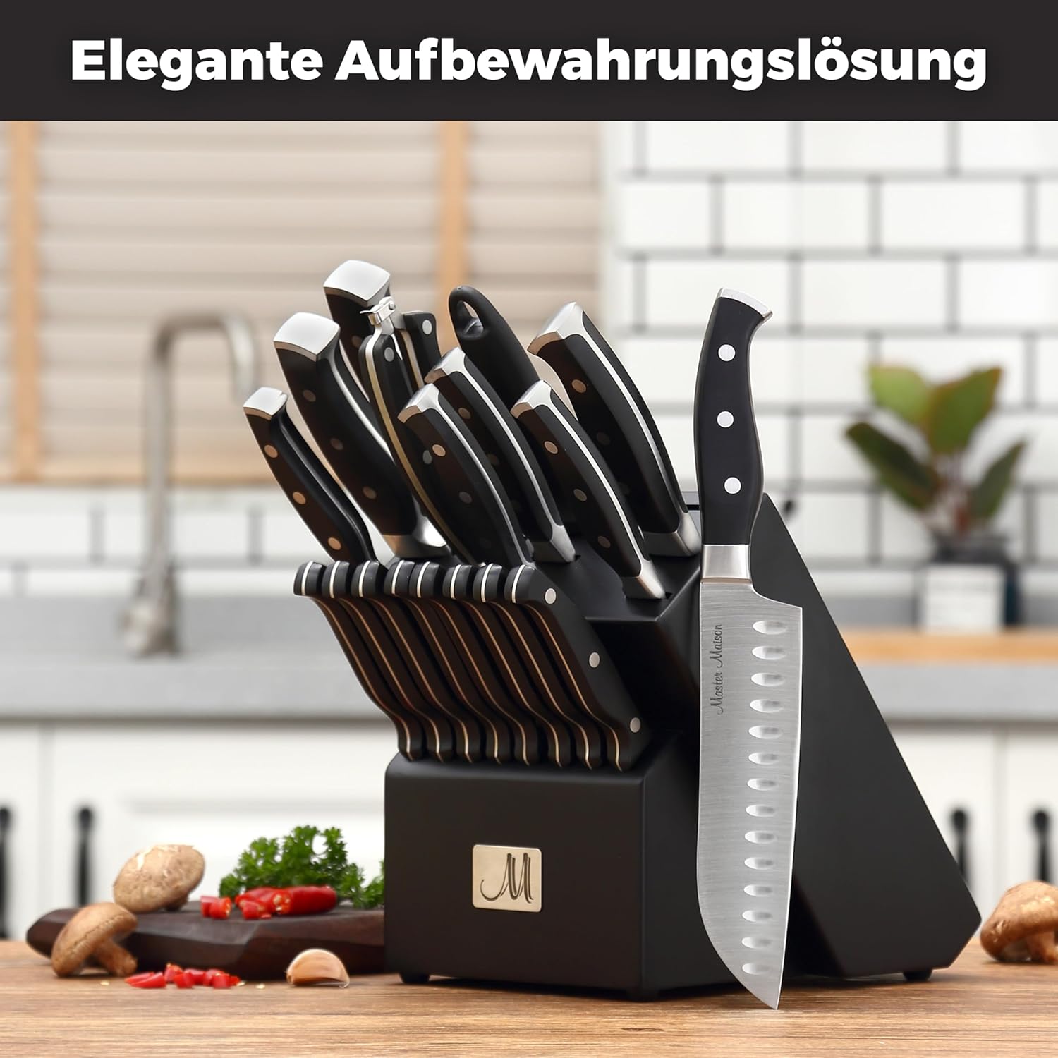 19-teiliges Premium-Küchenmesserset mit Holzblock, Master Maison Besteck aus deutschem Edelstahl mit Messerschärfer und 8 Steakmessern