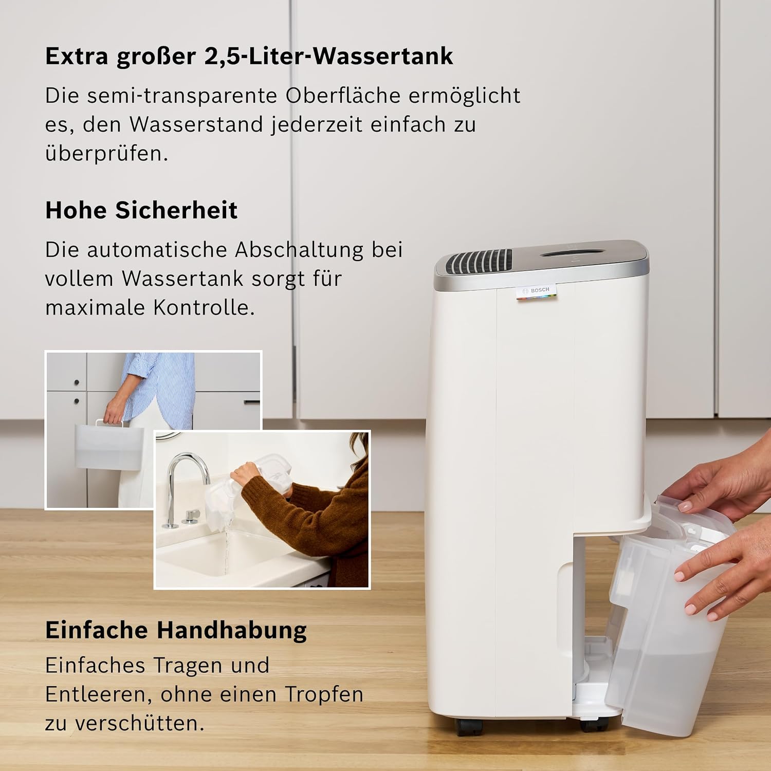 Bosch Dry, Luftentfeuchter, Für Räume bis zu 33 m² | Einfach, Effizient, Leise, Ideal für Deine Wohnung & die schnelle Trocknung Deiner Wäsche