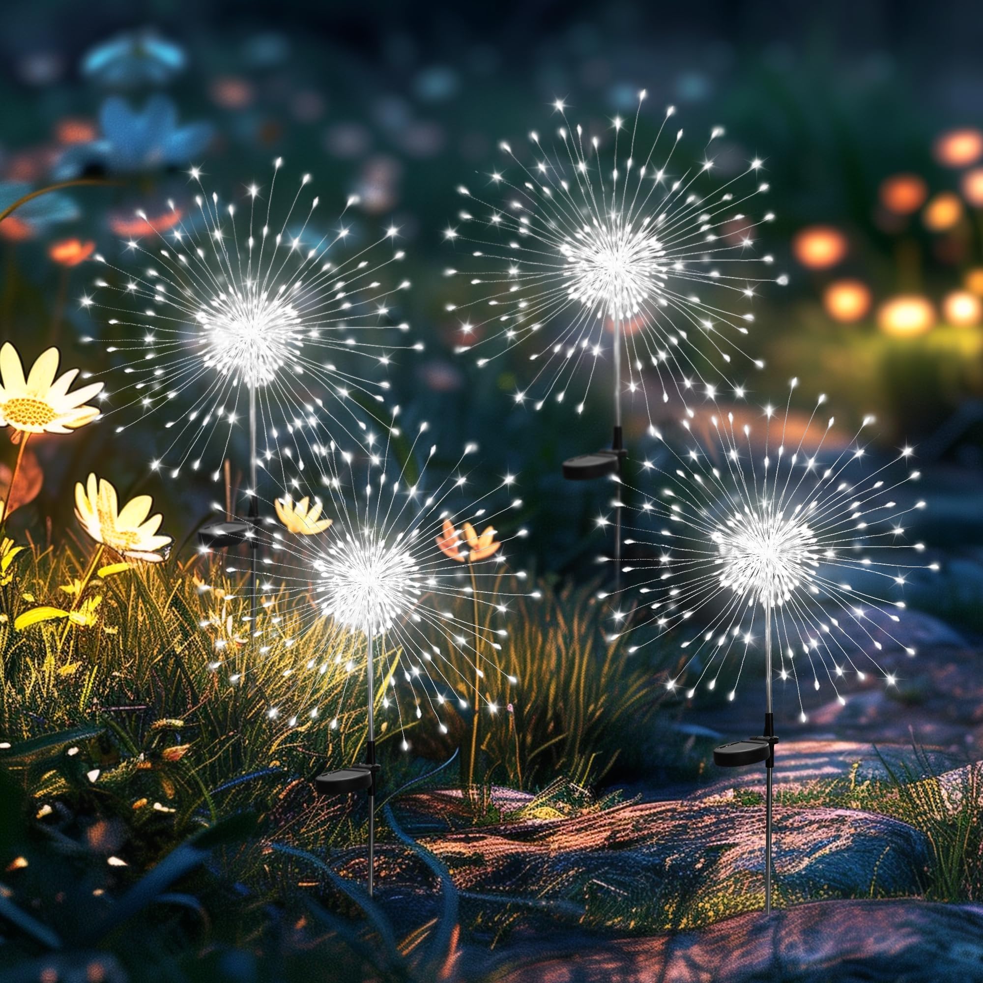 Gartendeko Solarleuchten für Außen,4 Stück 120 LED Feuerwerk Solarleuchten, Wetterfest Pusteblume Solarlampen für Balkon Terrasse Blumenkästen Hof Deko