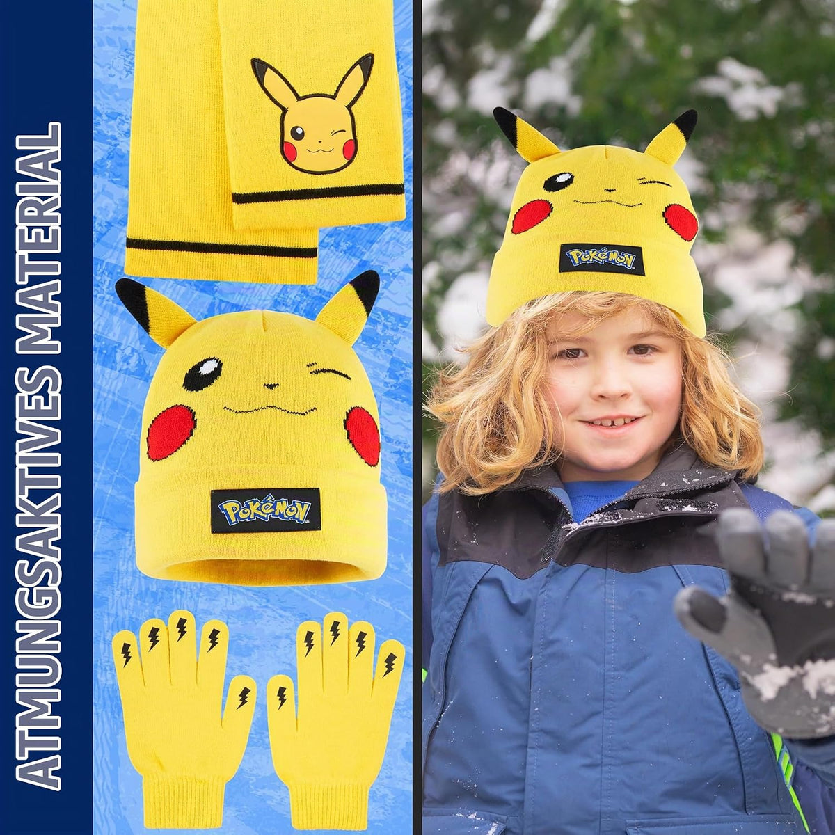 Pokemon Mütze Schal Handschuhe Set Jungen 8–10 Jahre, 3D Pikachu Beanie, Weiches Strick-Winterset, Anime Geschenke für Kinder