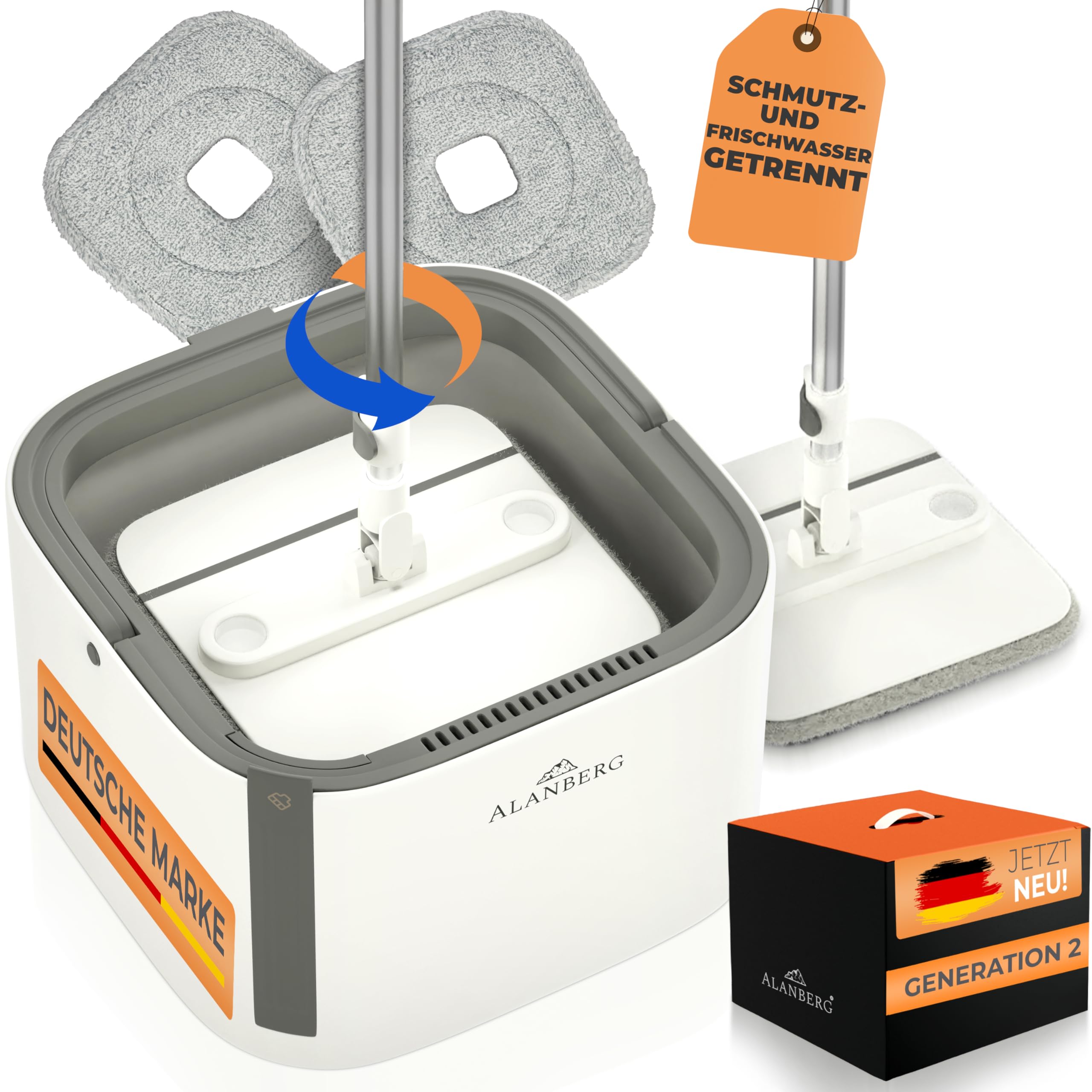 Wischmopp Set mit Eimer, 2-Kammer-System Frisch-/Schmutzwasser Trennung, selbst-auswringend, 160 cm Stiel & 2 Mikrofaser-Pads, für alle Böden, Grau