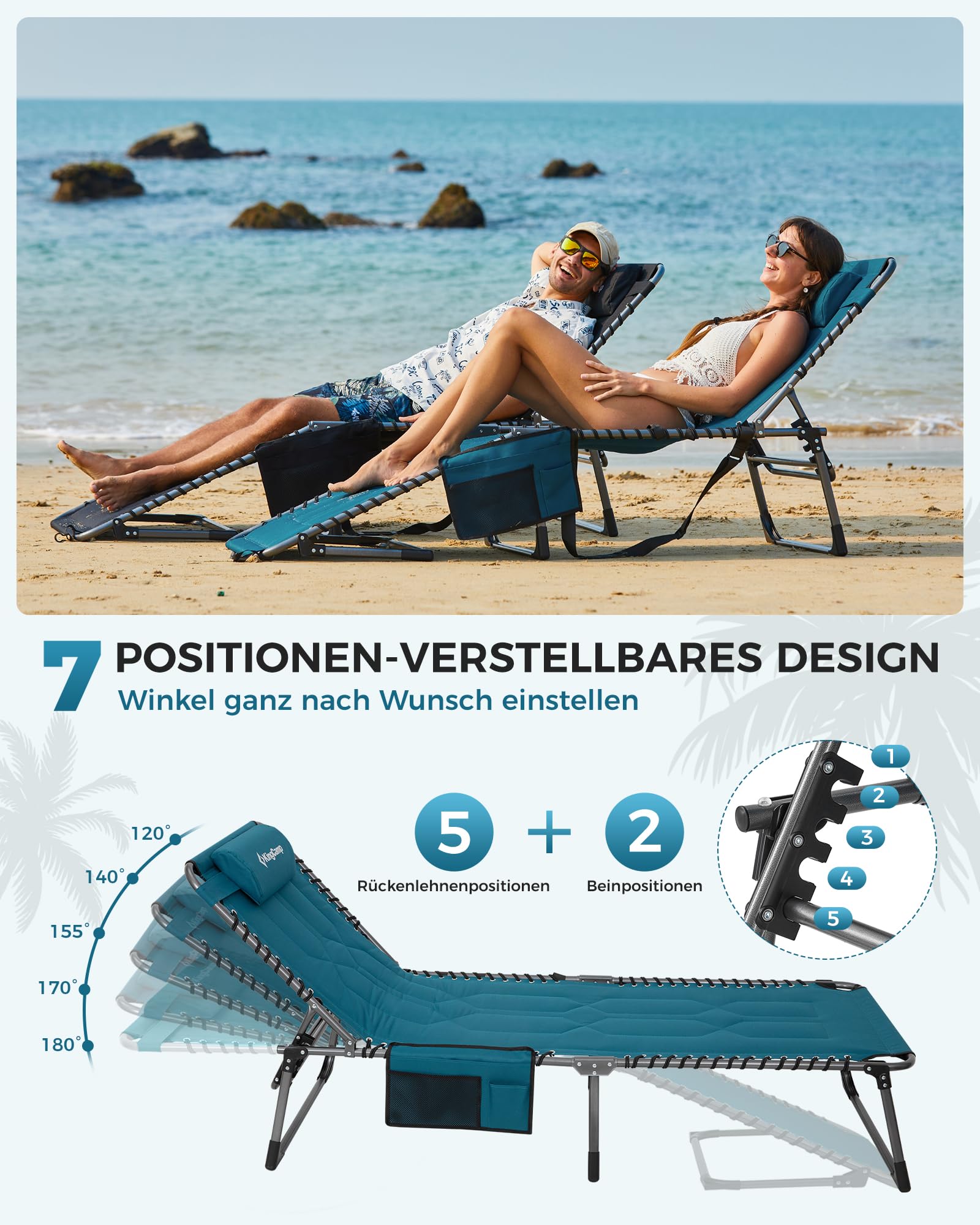 Sonnenliege Klappbar 5-Verstellbare, bis 180 kg, 2er Set, Blau | Gartenliege Klappbar, mit Kopfstütze & Seitentasche, Sonnenliege Wetterfest, Strandliege für Garten Terrasse Pool Camping